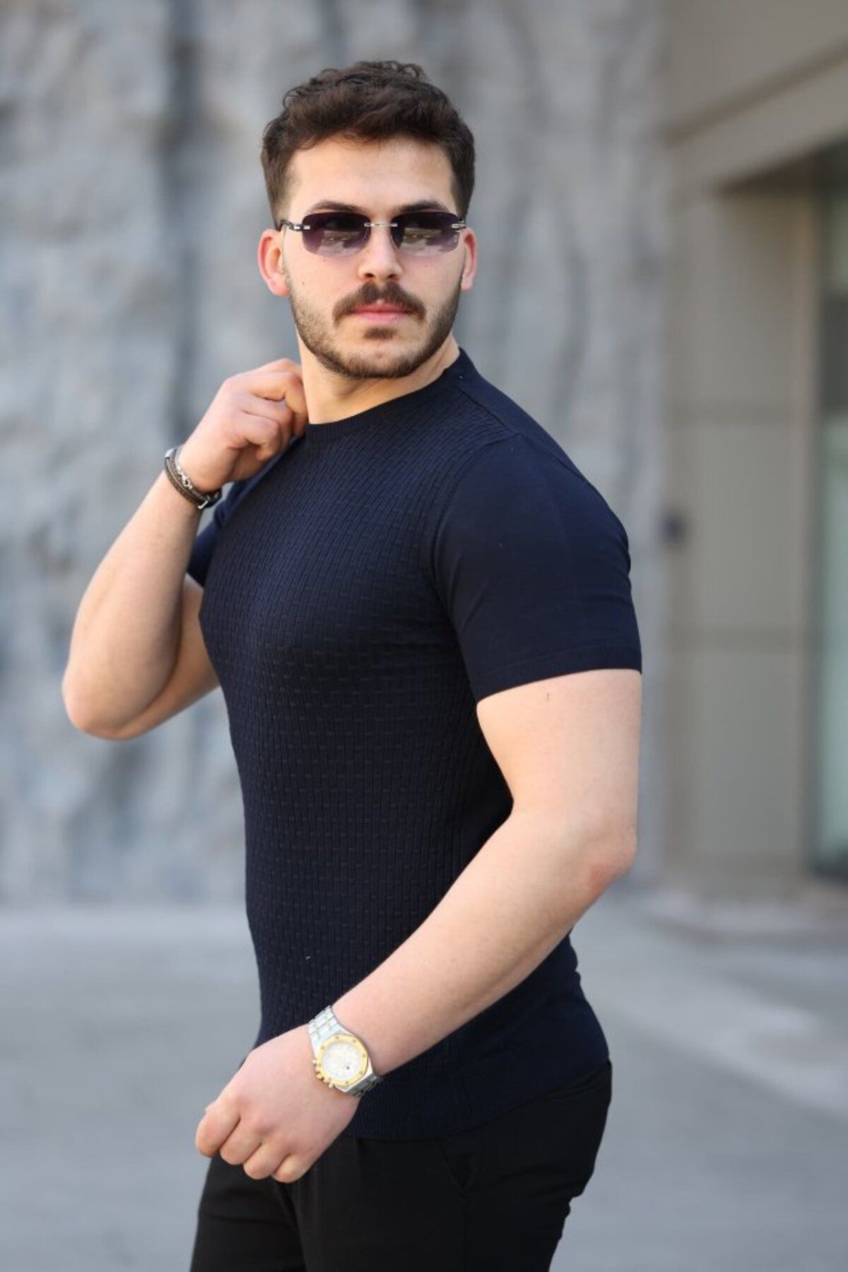 AhEs Shopping Erkek Viskon Kumaş Bisiklet Yaka Desenli Tişört