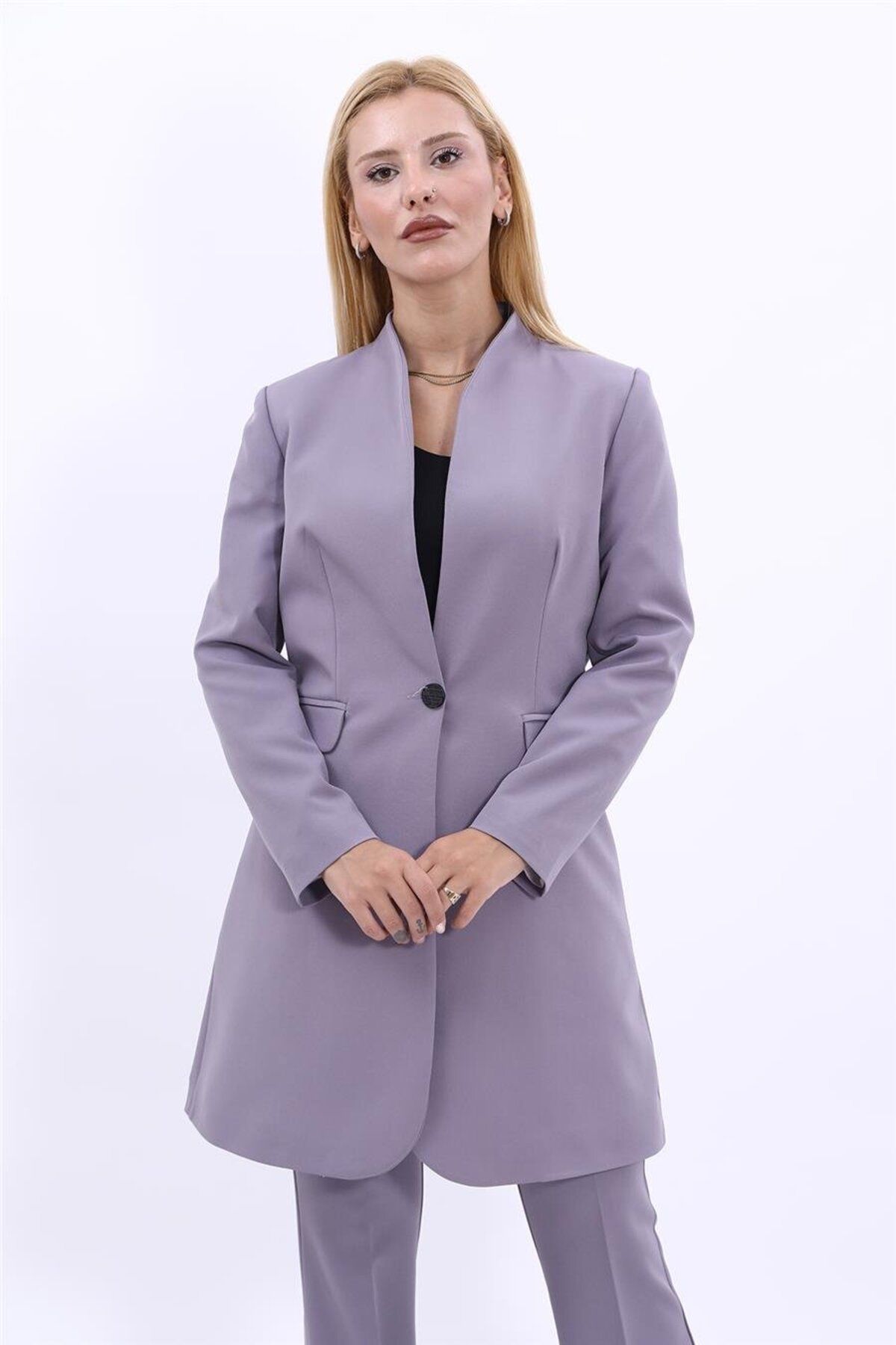 ÖNDER ÖZSOY-Long Jacket with Stand Collar and Single Button-Anthracite 5