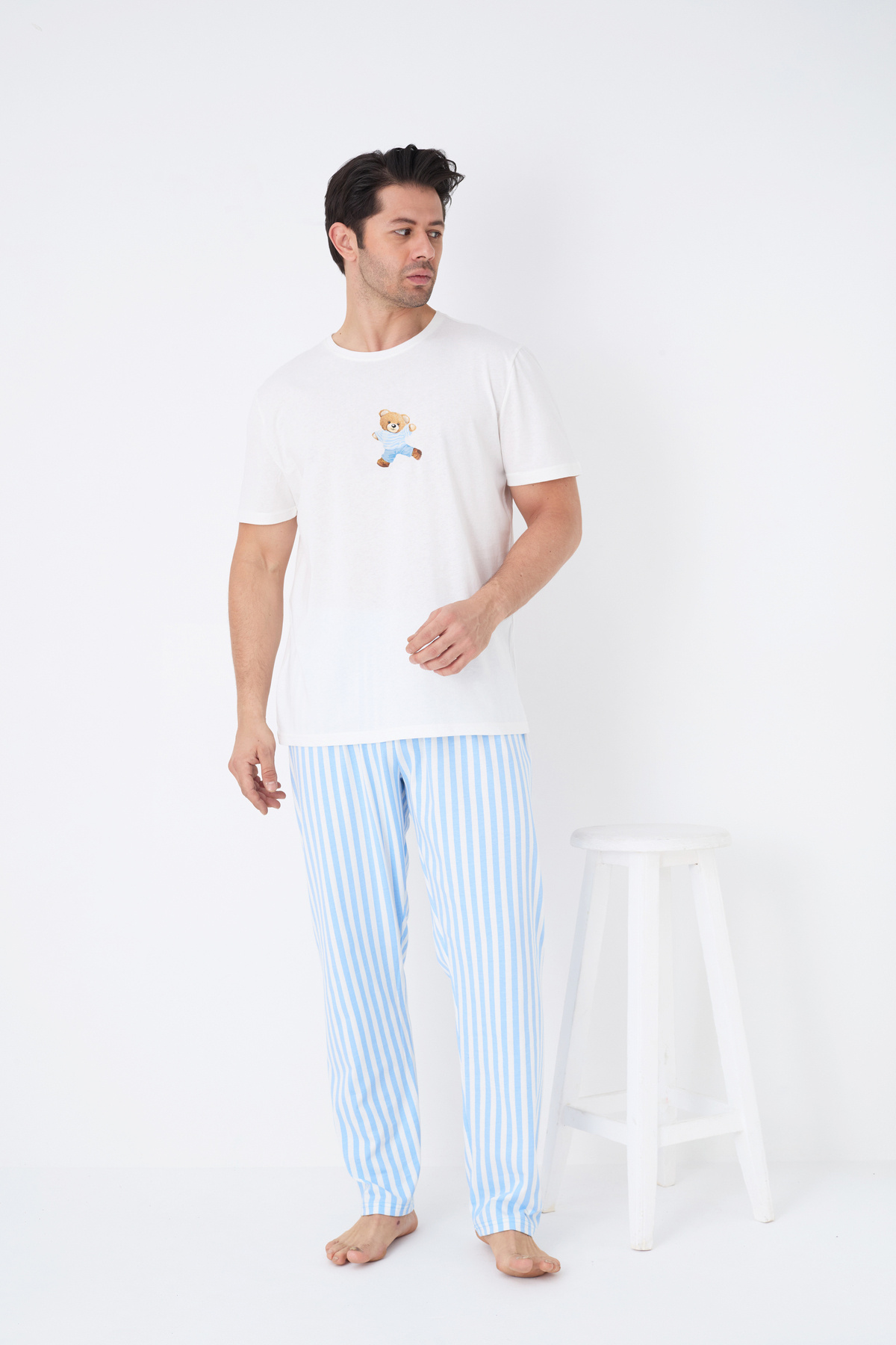 Siyah İnci-Ecru Blue White Stripe Pattern Printed Short Sleeve Knitted Men's Pajama Suit7833 2