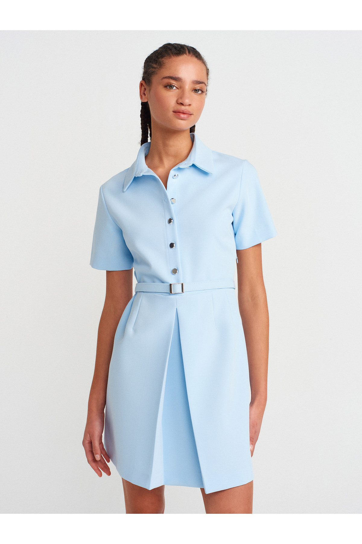 Dilvin  90917 Kemerli Mini Elbise-Mavi