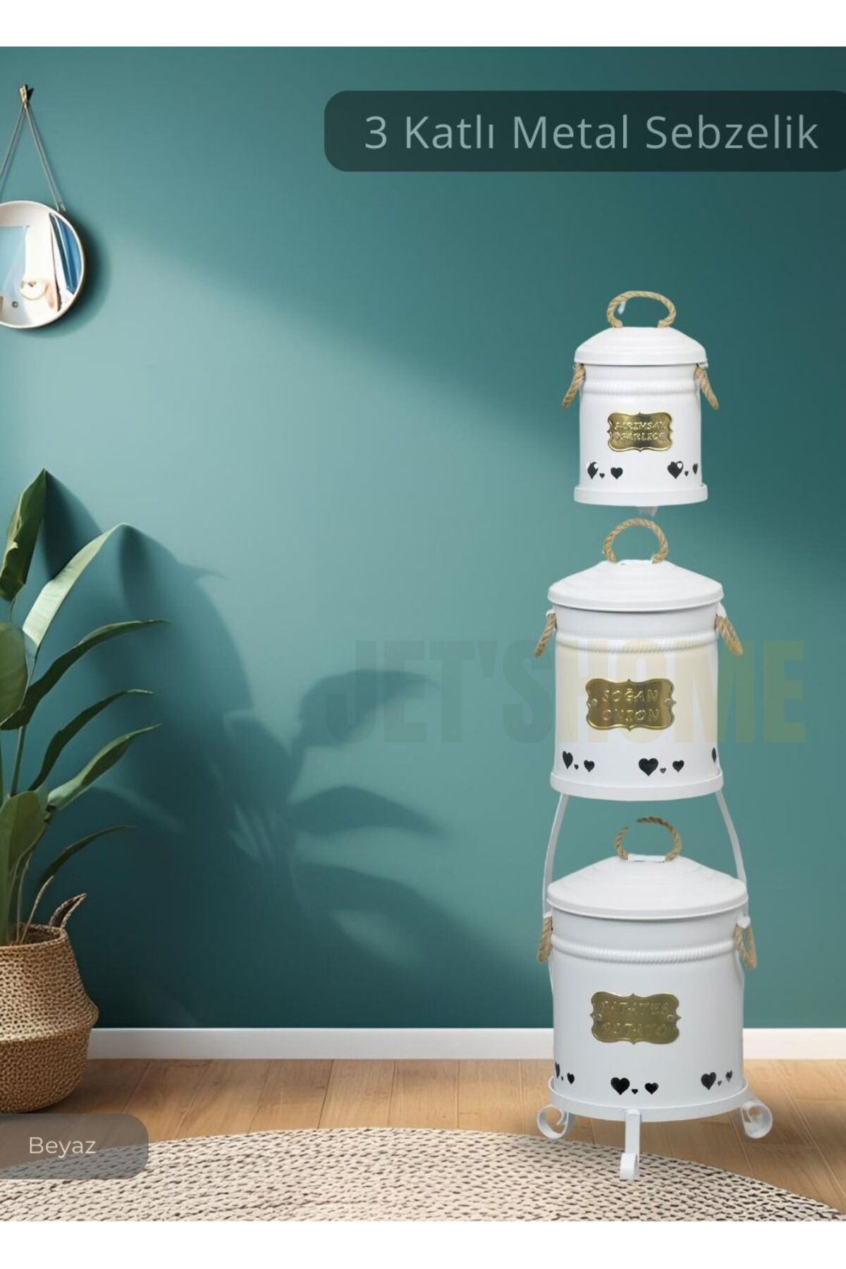 Jet's Home Patates Soğan Sarımsak Kovası 3 Katlı Sebzelik Paslanmaz Organizer Patates Soğan Sepeti Beyaz