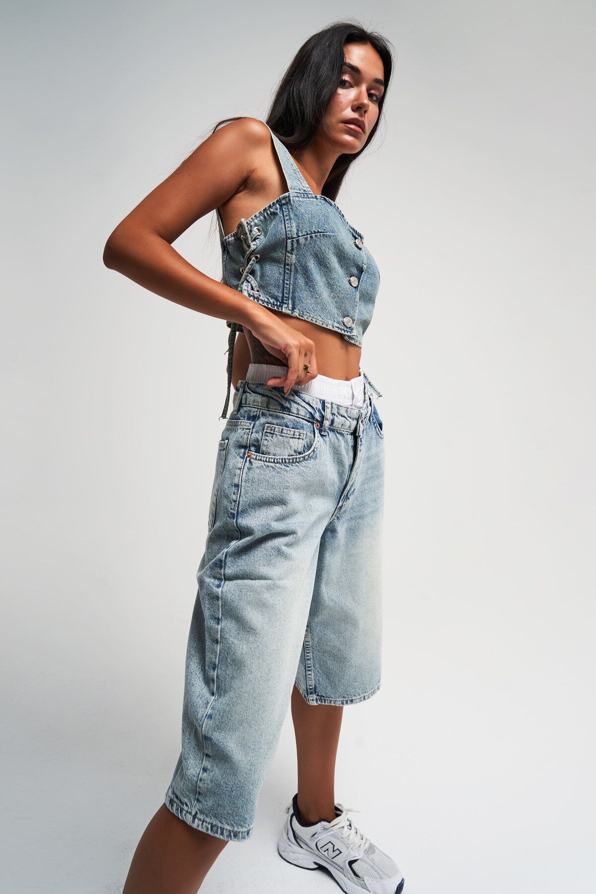 its basic-Dámské g Jeans Color Super dlouhé boxerky Detail Široké džínové šortky 6