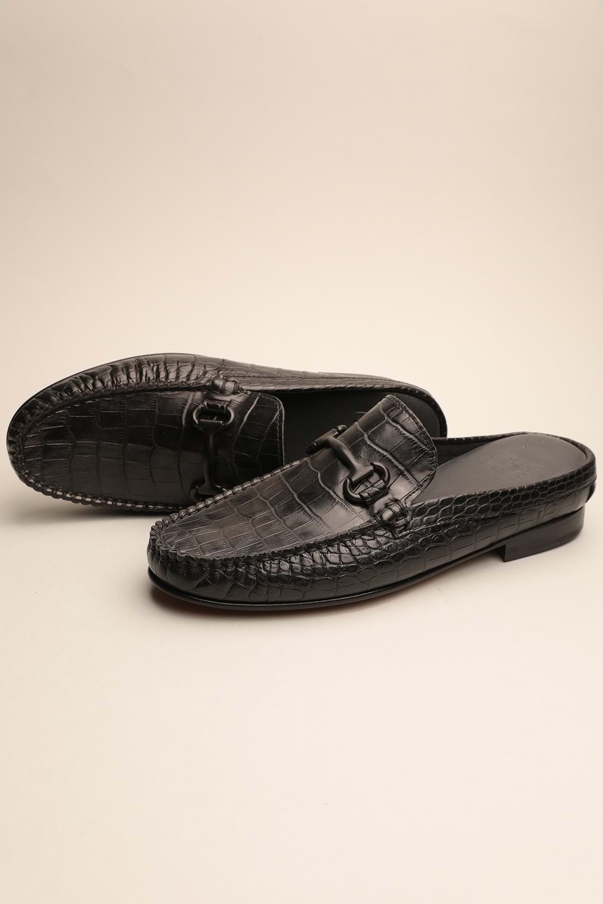 Gondol-Men's Genuine Leather Classic Slippers Black Croco 42 Ttx.309 2