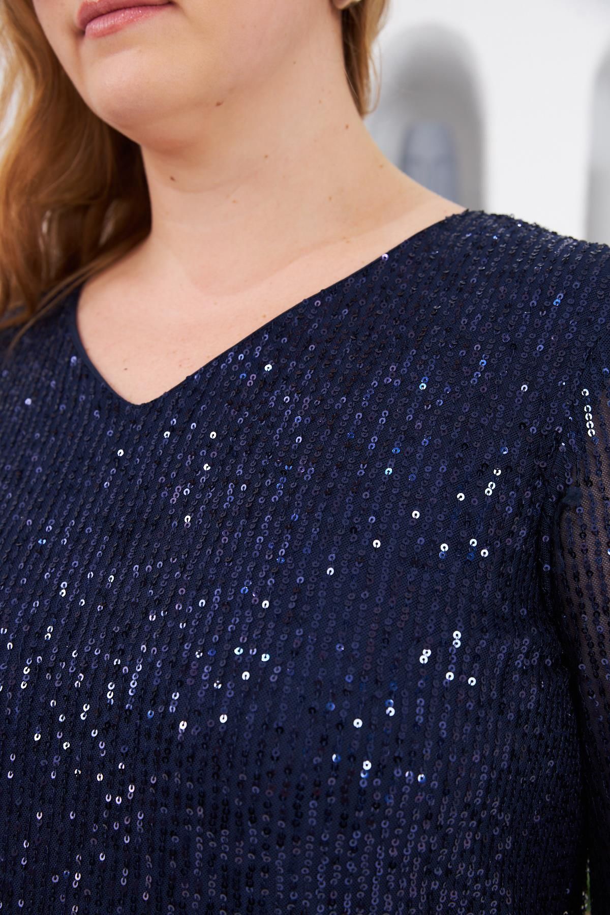 RMG-Plus Size Lined Sequin Sequin Blouse Navy Blue1 3
