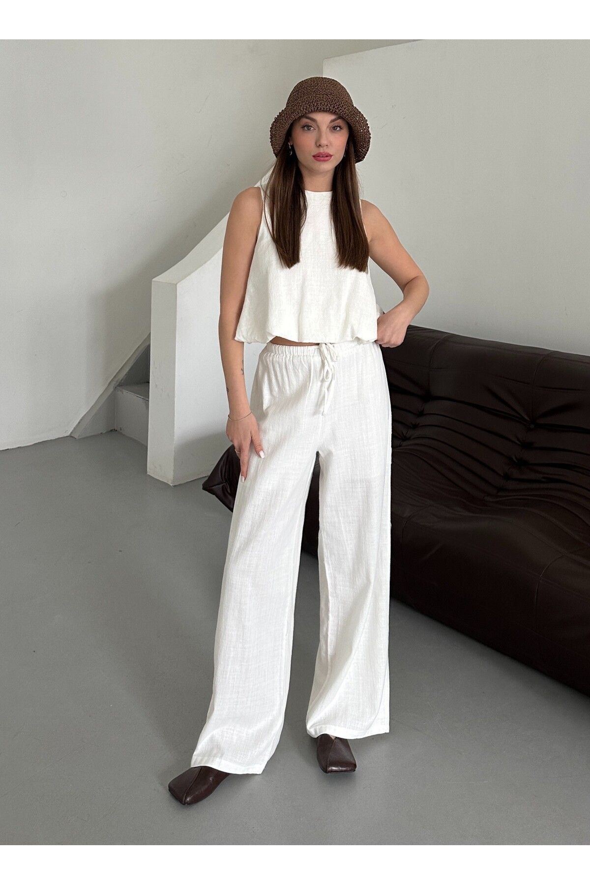 Laluvia-Ecru 100% Cotton Blouse Trousers Set - 251003 1