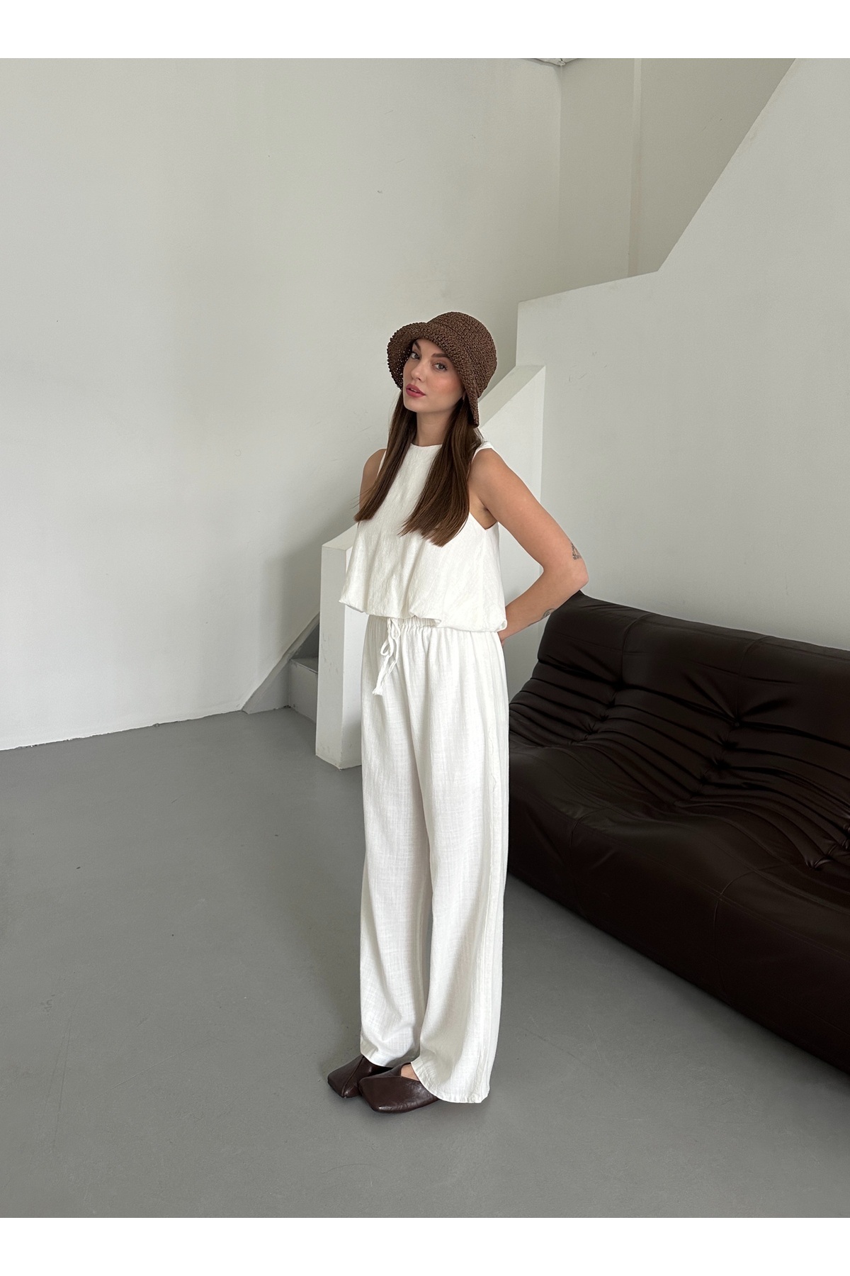 Laluvia-Ecru 100% Cotton Blouse Trousers Set - 251003 3