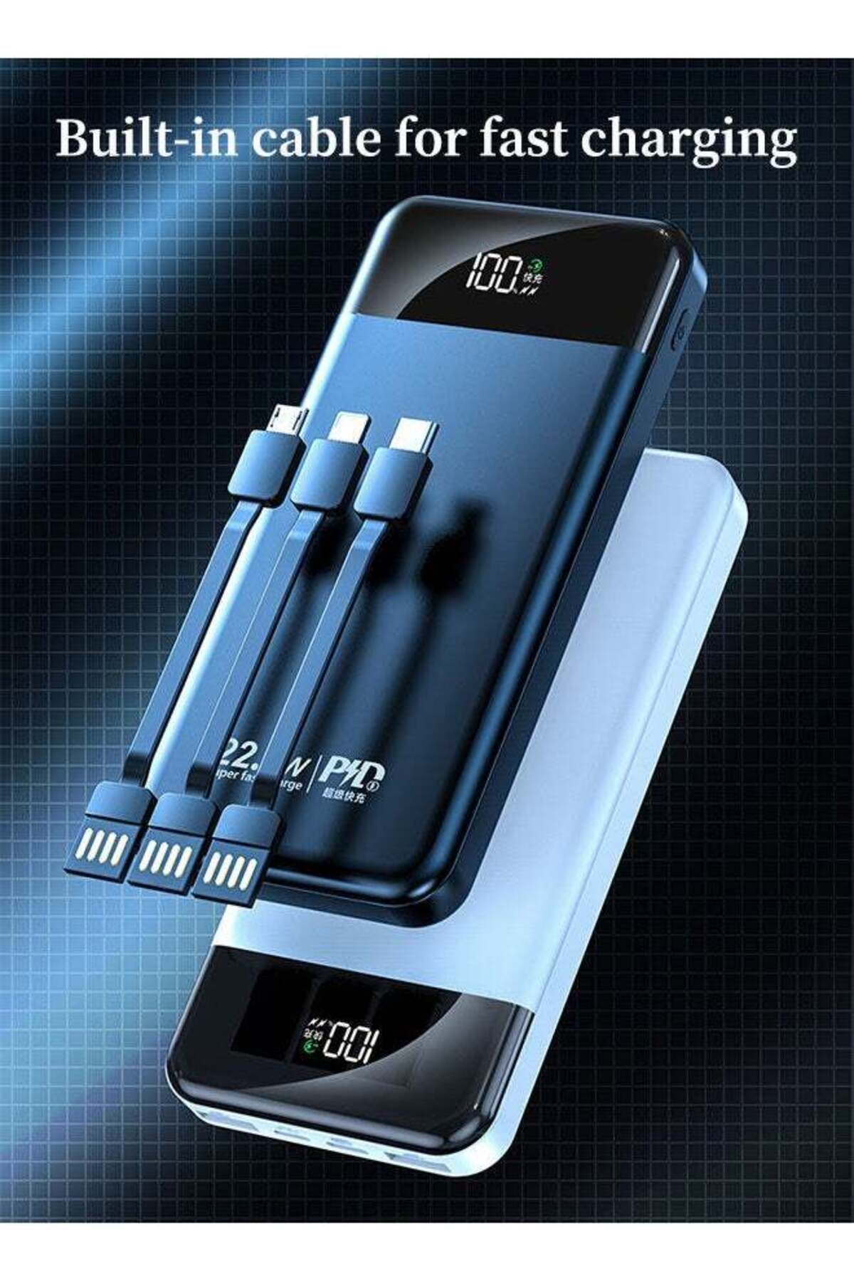 fulina-Power Bank with 12000mah Large Capacity,Built-In 3 Cable,12W power and LED Display,For travel(Black) 3