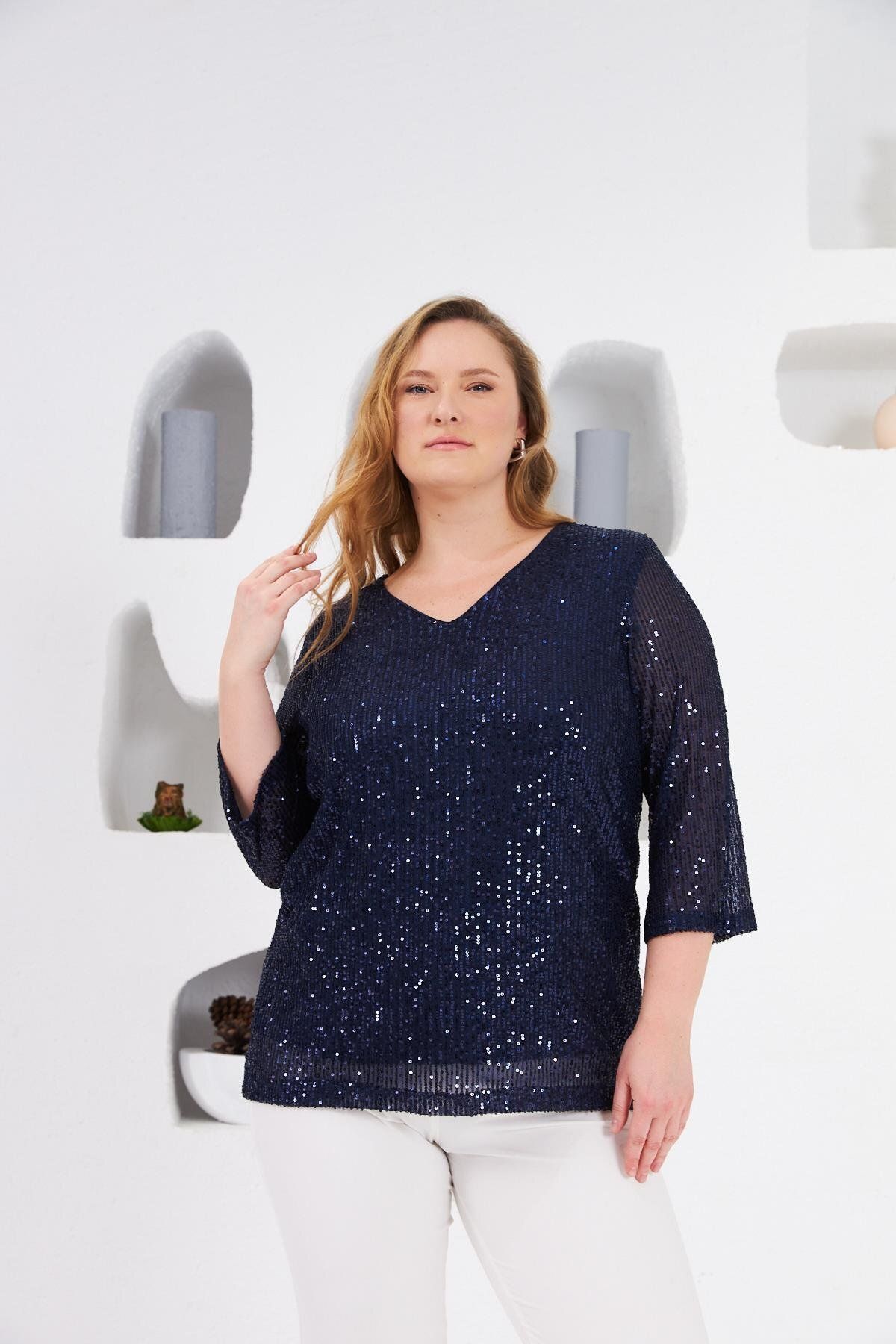 RMG-Plus Size Lined Sequin Sequin Blouse Navy Blue1 1