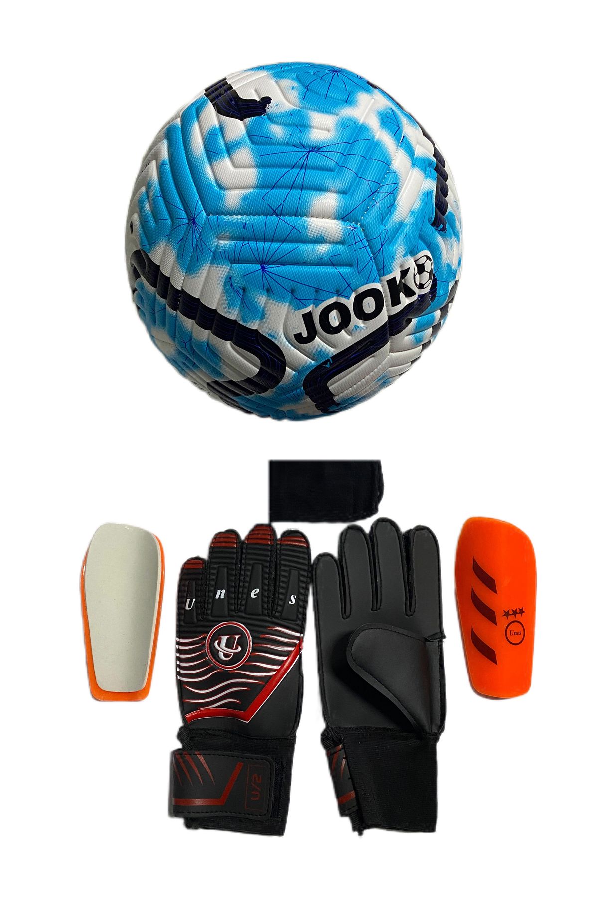 unes 5 NO MAVİ ÇİZGİLİ FUTBOL TOPU KALECİ ELDİVENİ VE TEKMELİK 3'LÜ SET (POMPA HEDİYELİ)
