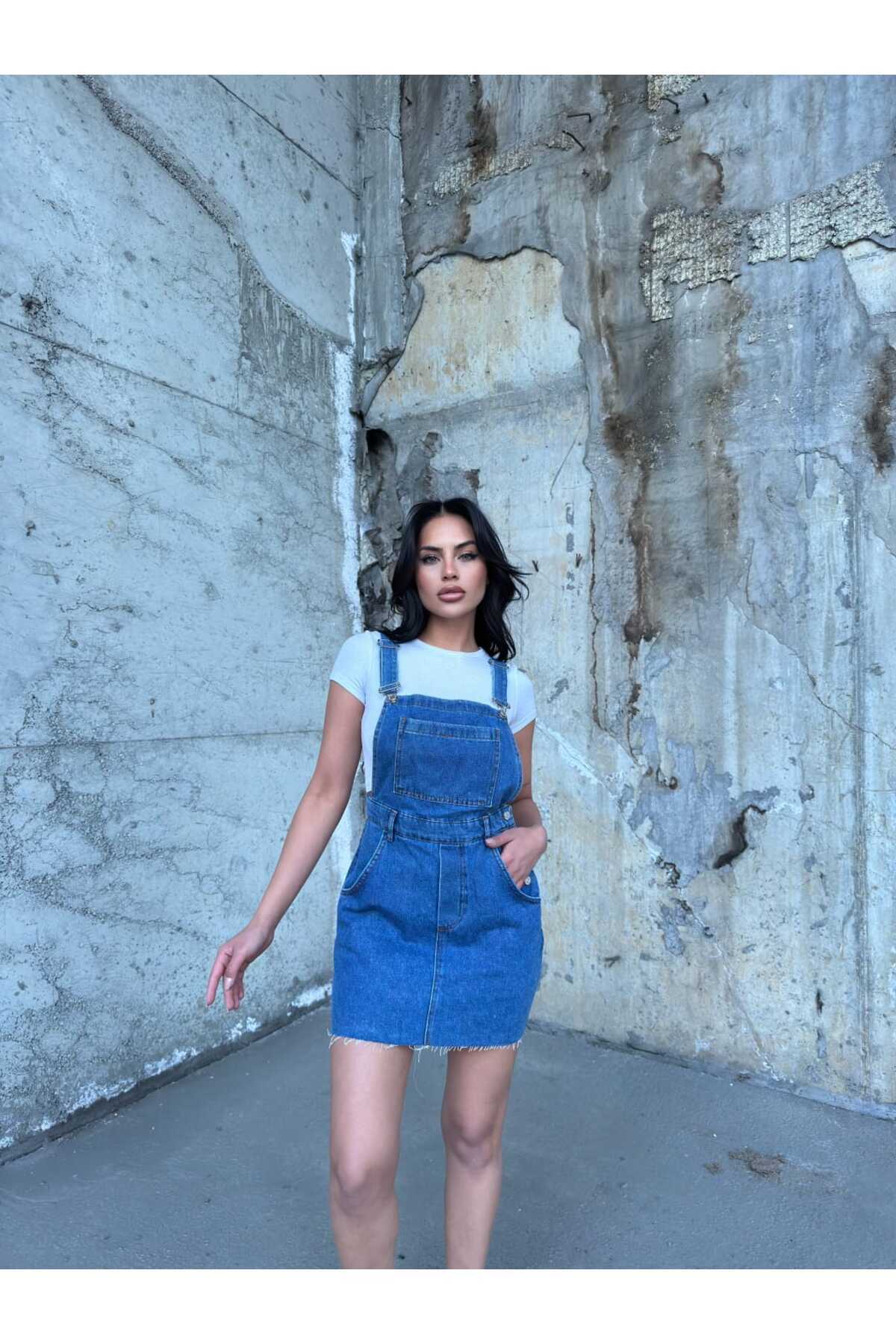 SHEVEGA-Women's Blue Tip Cut Kangaroo Pocket Skirt Gardener Jeans Jumpsuit 1