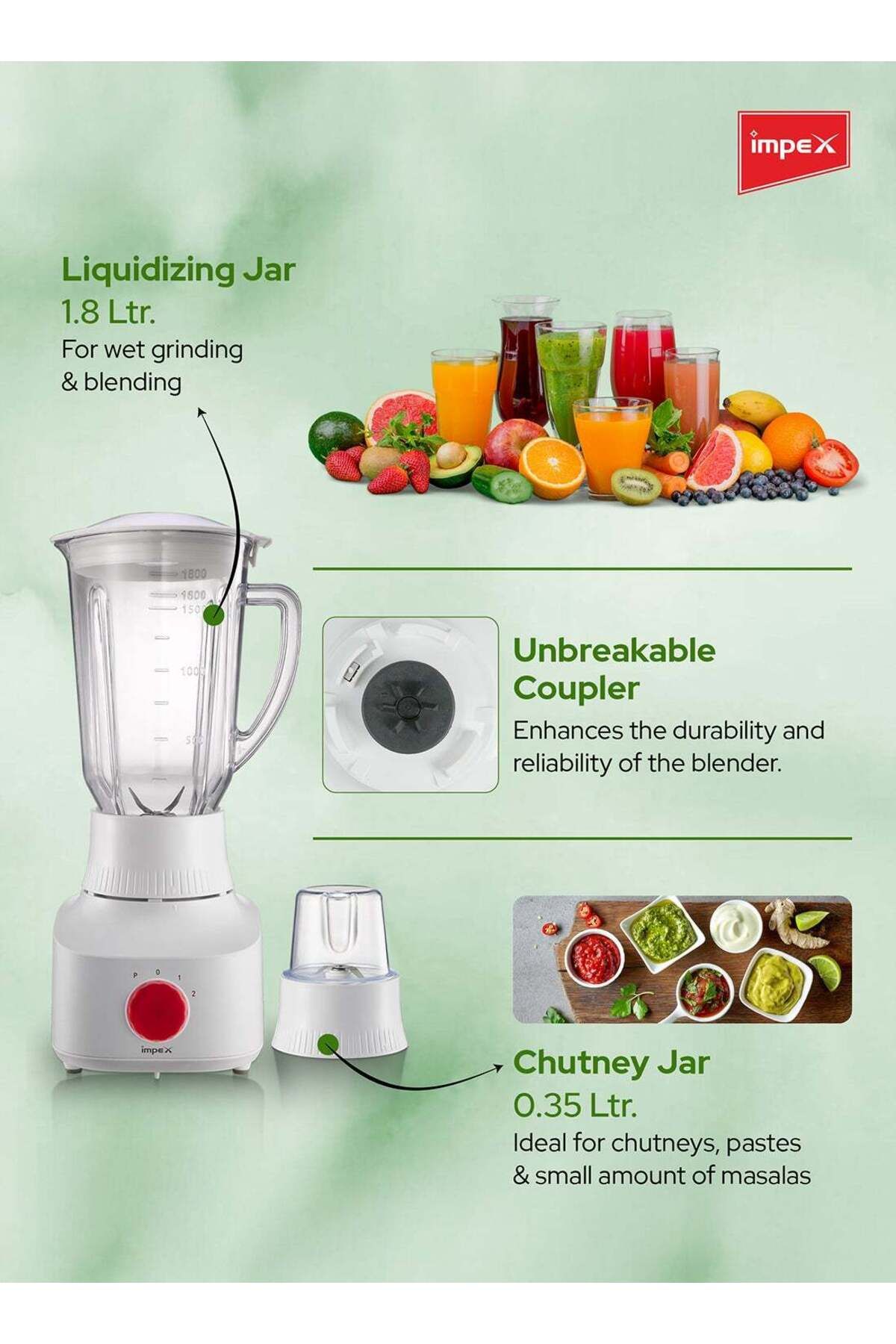 İMPEX-2 In 1 Powerful Blender 650w With Grinder Bl3509 - 1.8l Blender Jar,50g Grinding Jar,2speed Settings 6