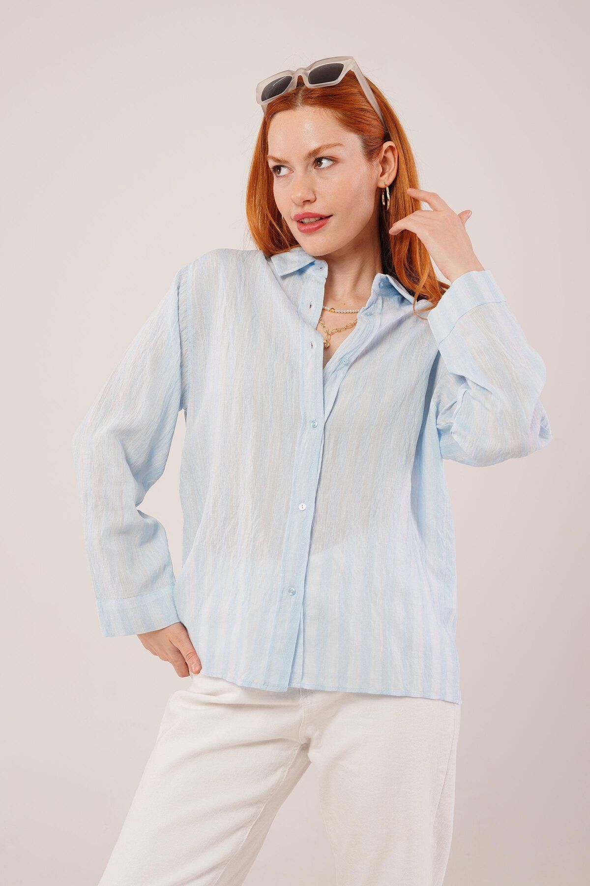 ASFSTORE Düğmeli Ve Çizgi Detaylı Bebe Mavisi Gömlek