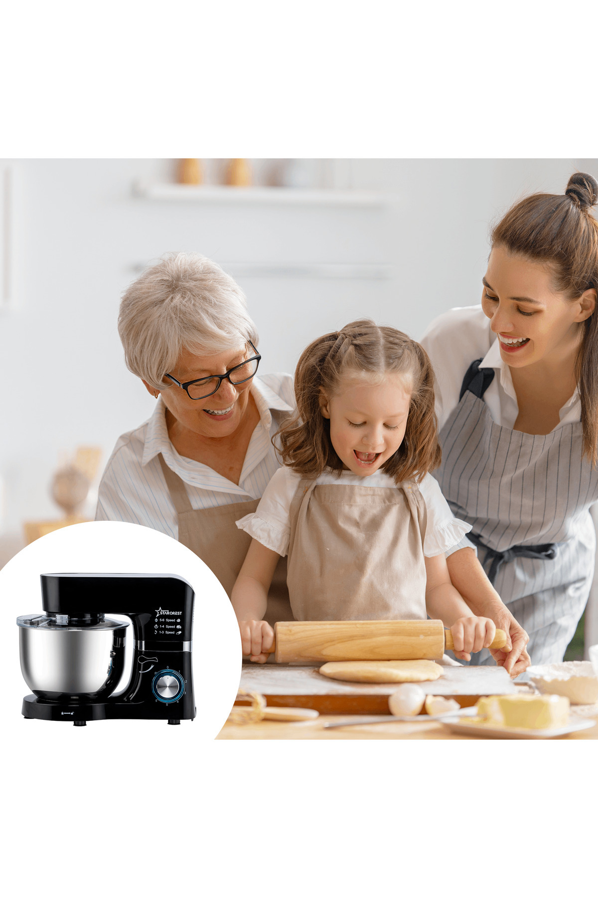 STARCREST-STARCREST SKM-1500BK Food Processor, 1500W, 5.5 L Stainless Steel Bowl, 5 Accessories, 6 Speeds 5