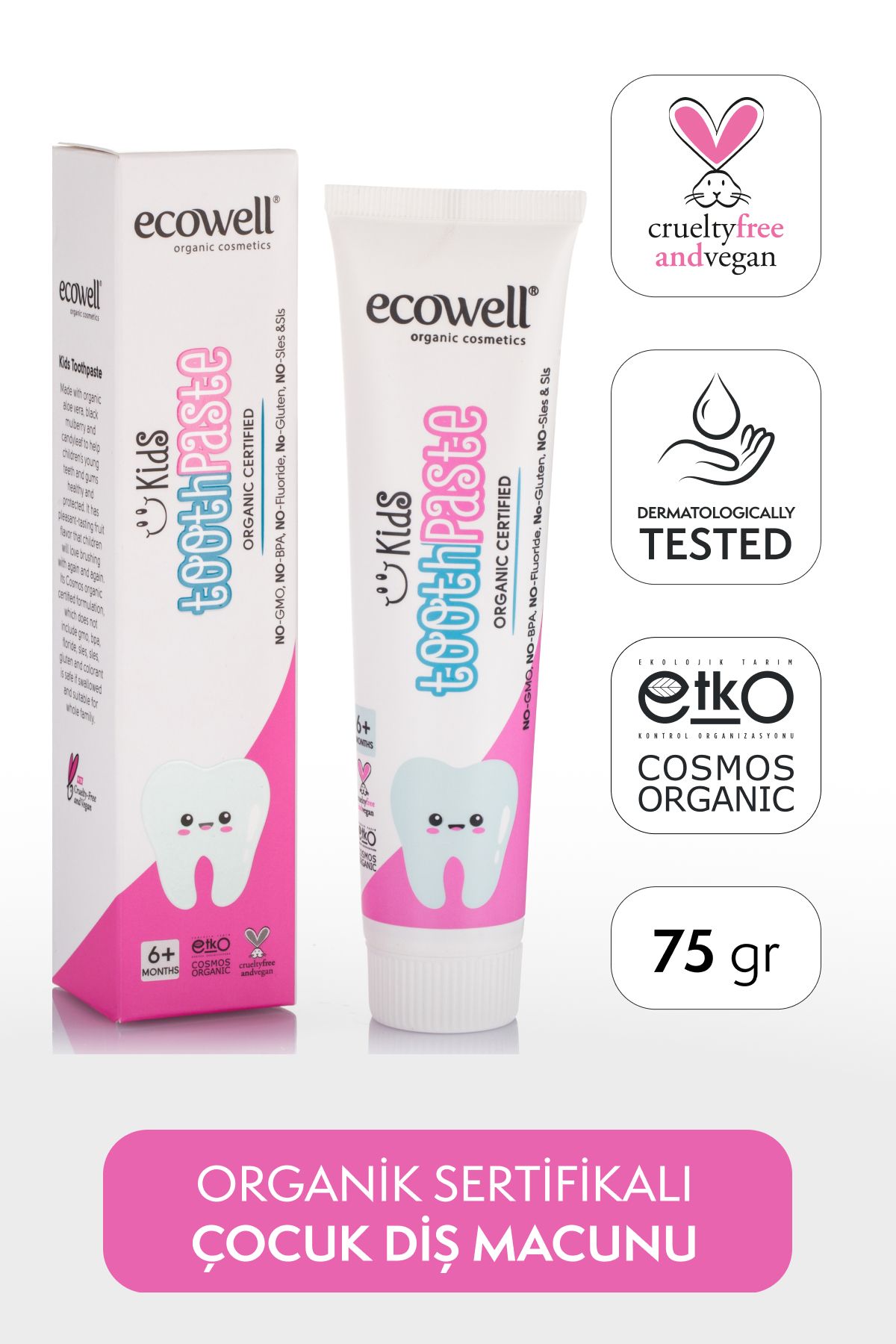 Ecowell Organik Çocuk Diş Macunu, Florürsüz, Vegan Sertifikalı, Karadut Özlü, 6 Ay Ve Sonrasına Uygun, 75 gr