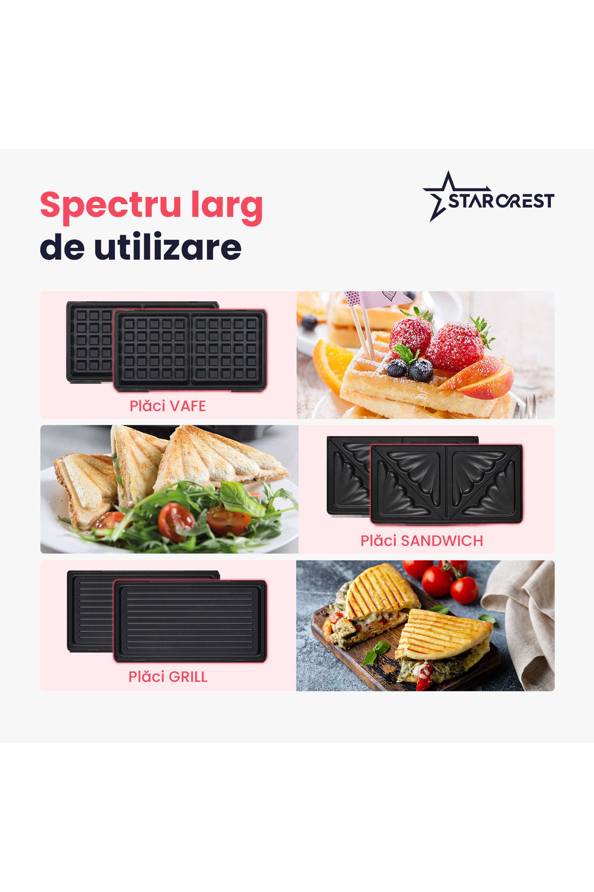 STARCREST-Sandwich maker XL STARCREST SSM-3131BX, 1000W, 3 placi detasabile antiadezive: sandwich, vafe, grill 3