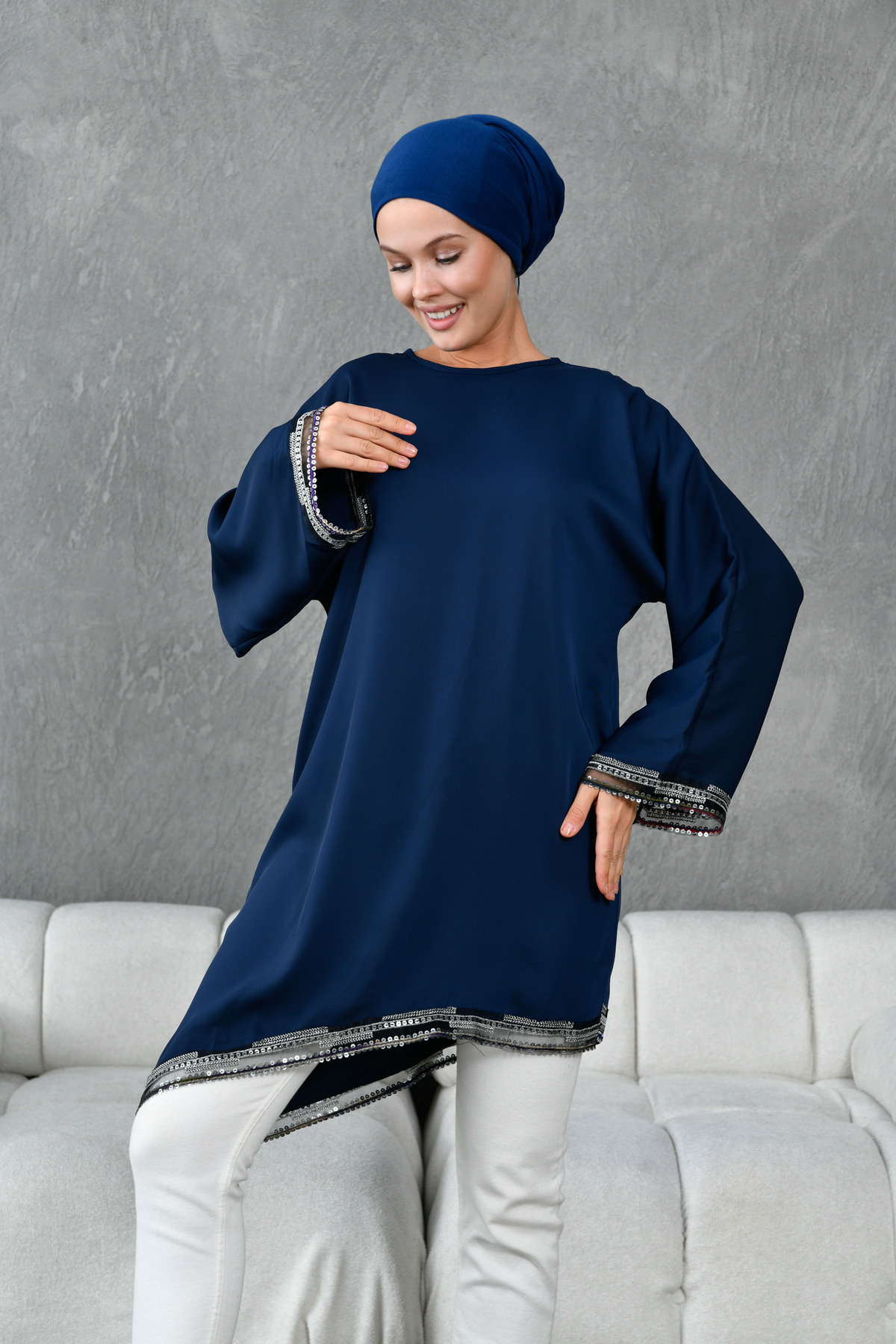 TUNCAY-Asymmetrical Tunic Blouse with Sequin Details 4