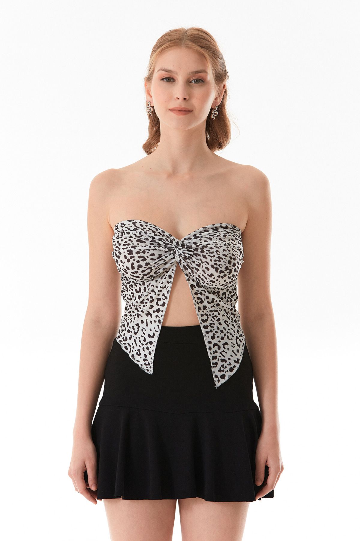Fulla Moda-Dalmatian Patterned Strapless Bustier with Knot Front 8