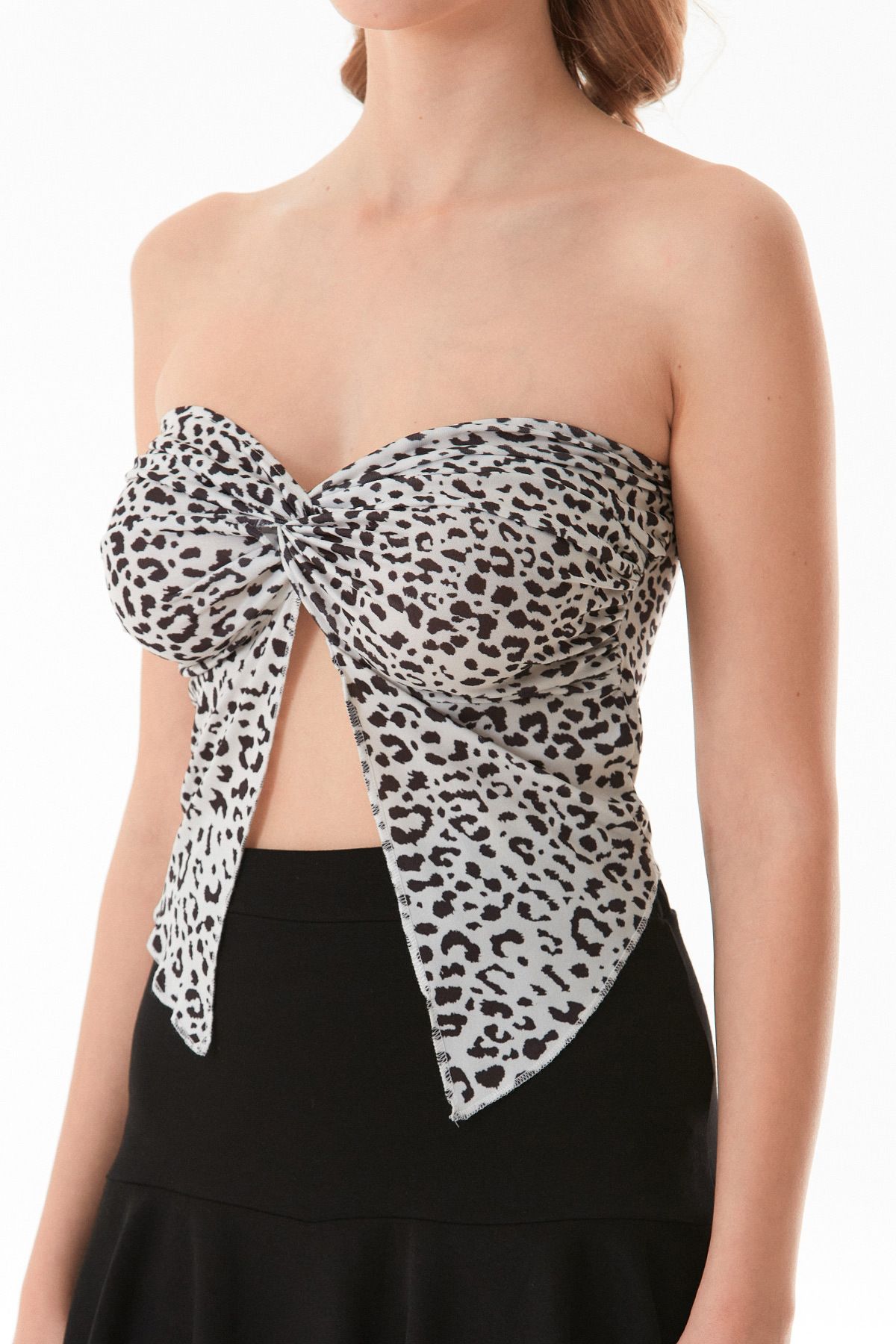 Fulla Moda-Dalmatian Patterned Strapless Bustier with Knot Front 7