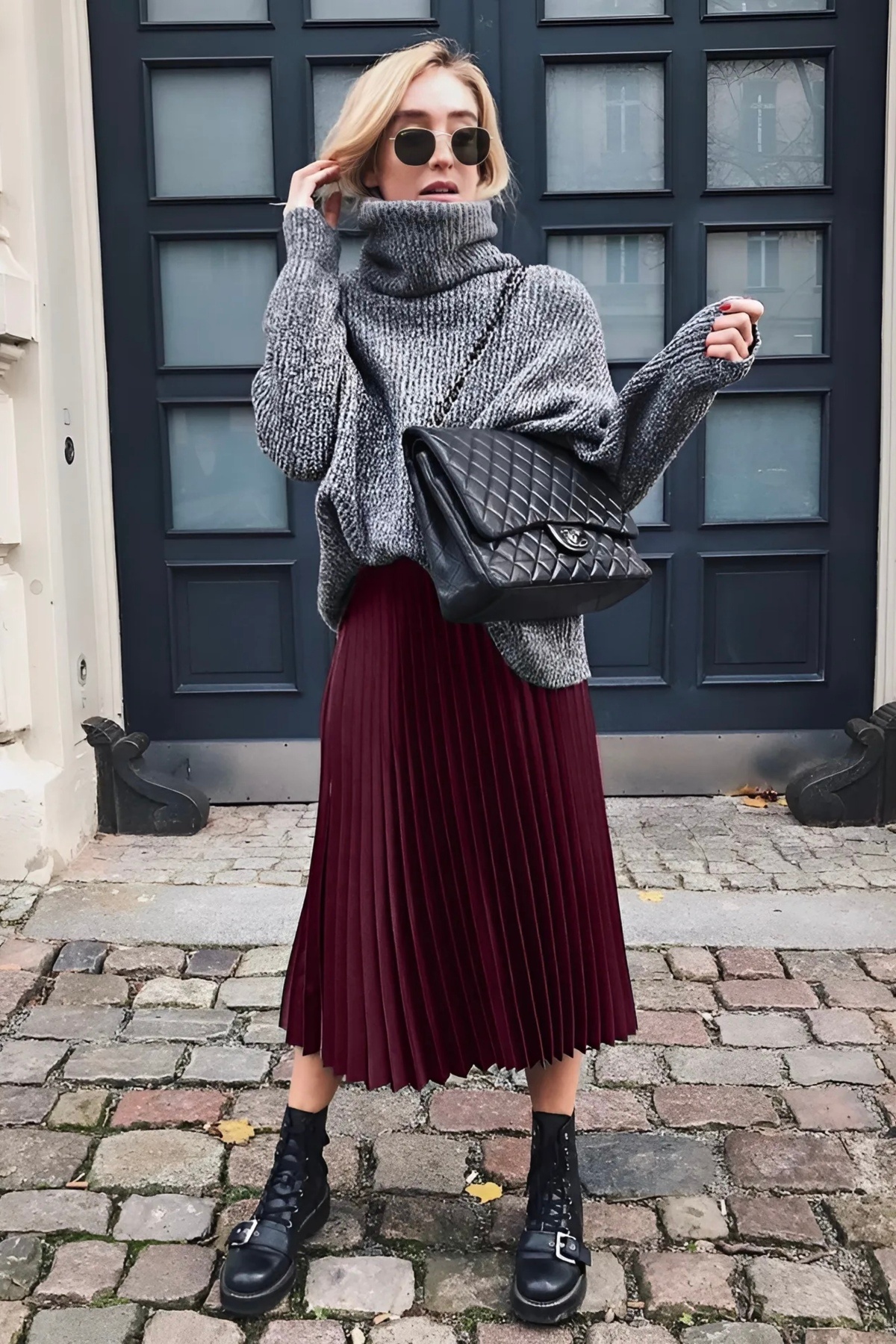 02Lady Fashion-Women's Burgundy Pleated Skirt Combination – Casual and Stylish Style |   Autumn/Winter Fashion 3