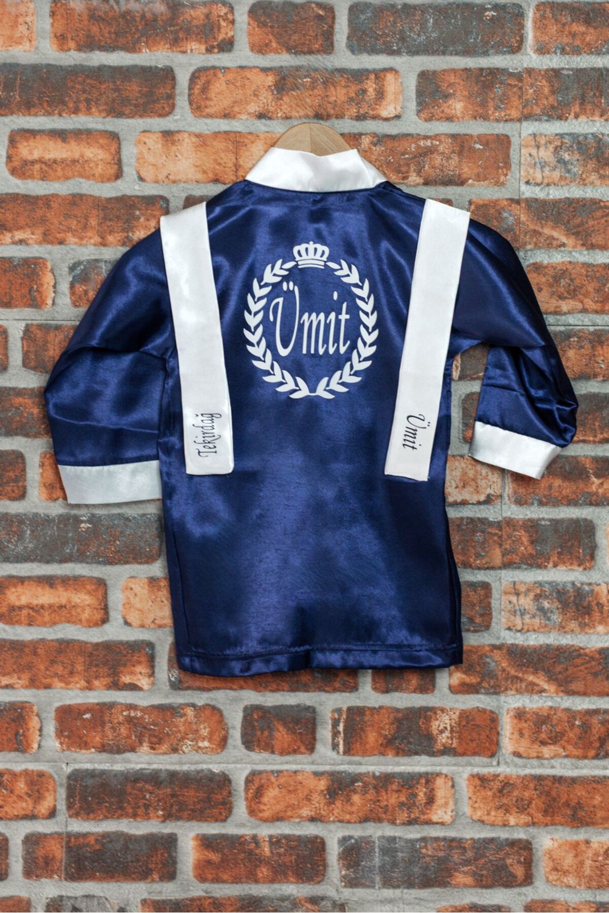 CIRCUMCISION DRESSING GOWN NAVY BLUE WHITE NAME PRINTED BELT AND GLOVES