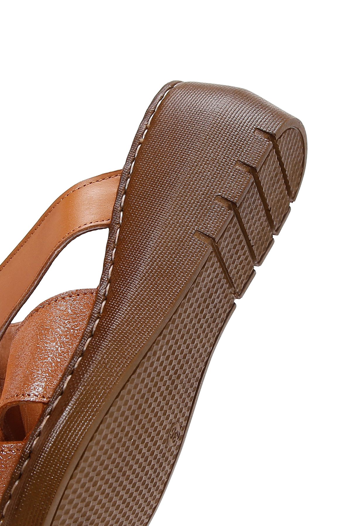 Derimod-Women's Tan Wedge Heeled Leather Comfort Slippers 25Sfd 320218 7