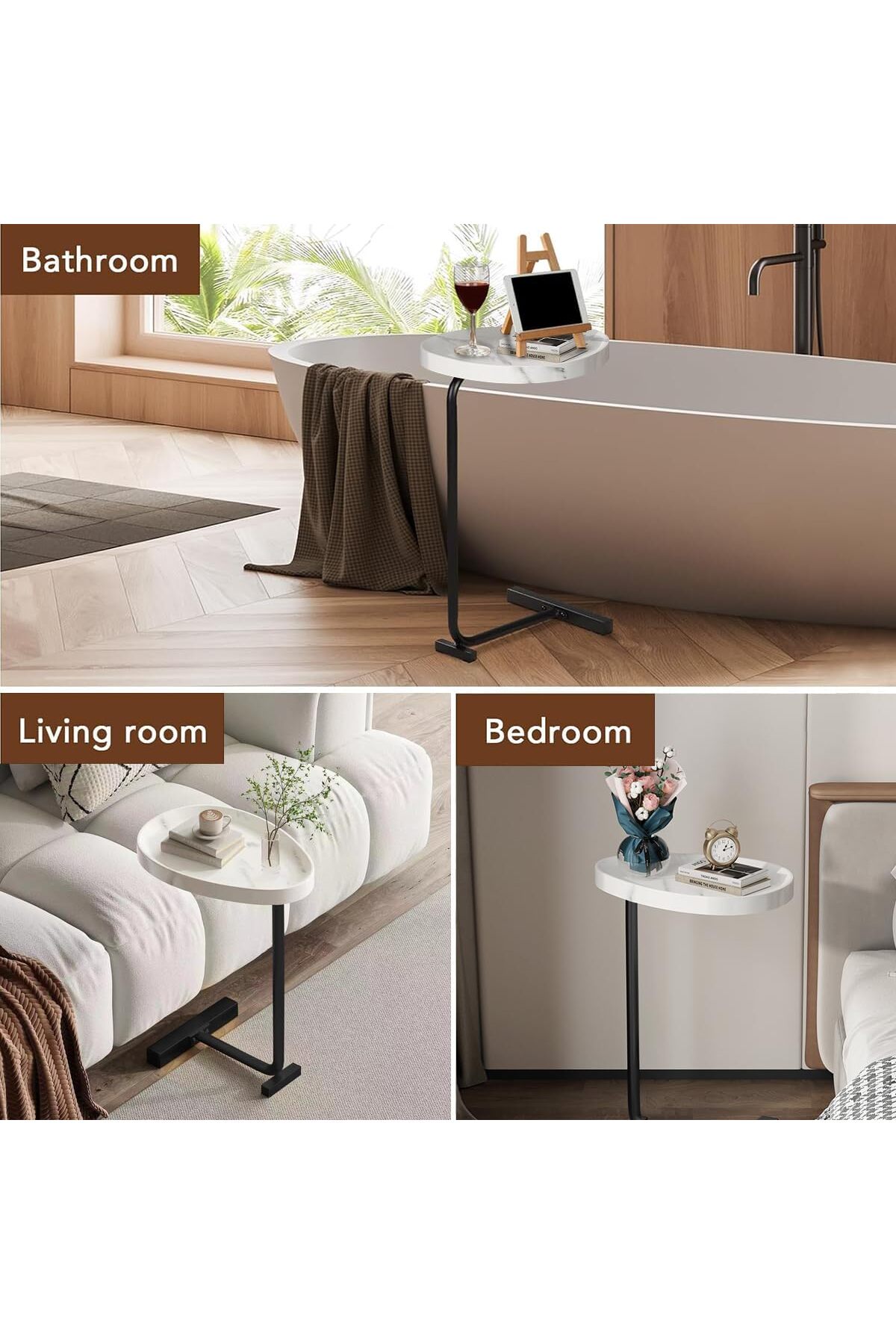 طاولة قهوة عصرية | طاولة جانبية علي شكل حرف سي سطح رخامي ابيض وارجل معدنية باللون الأسود 60x45x30 سم