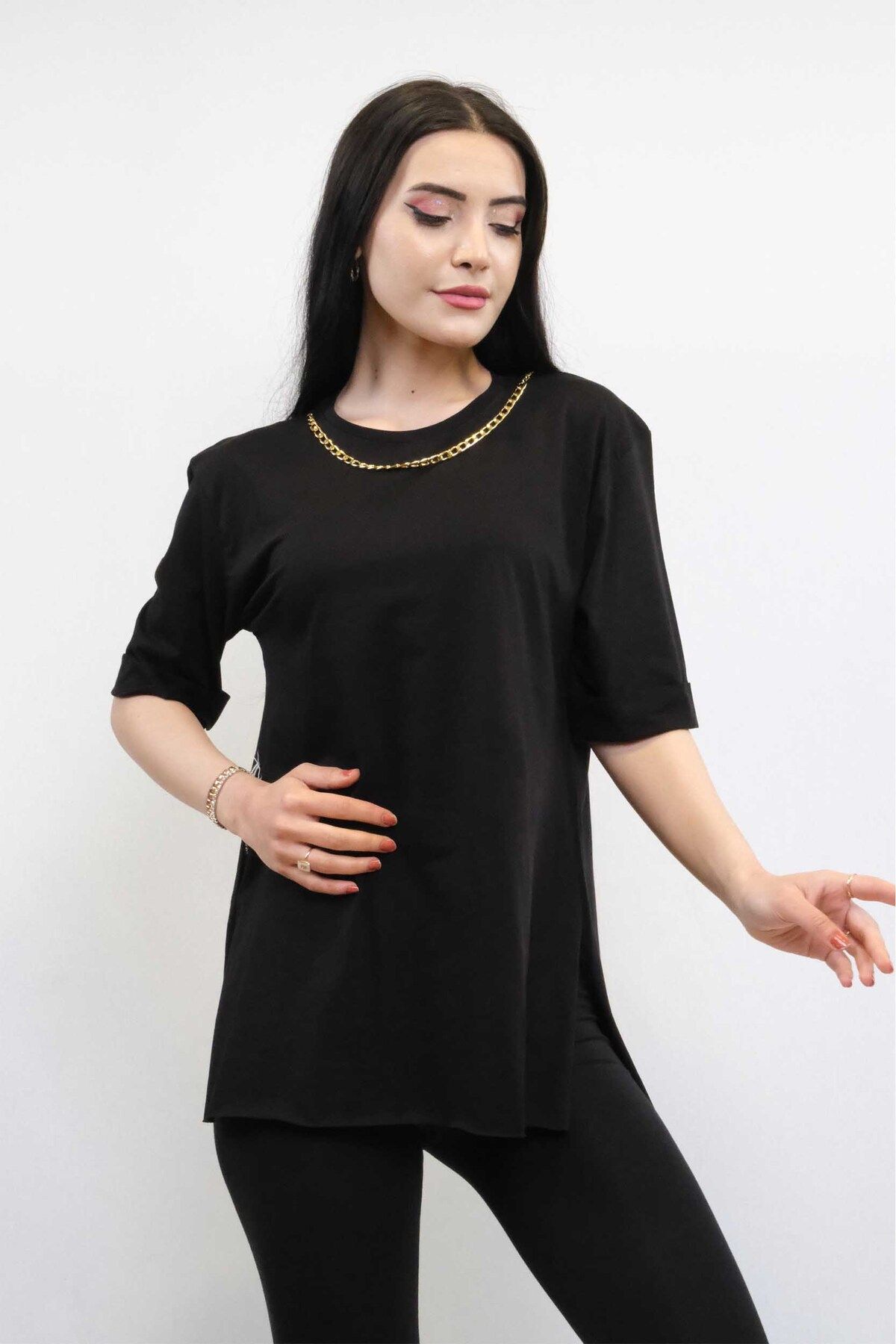 COXO Fashion`S Moda Çizgi Chain Accessory Tshirt Black