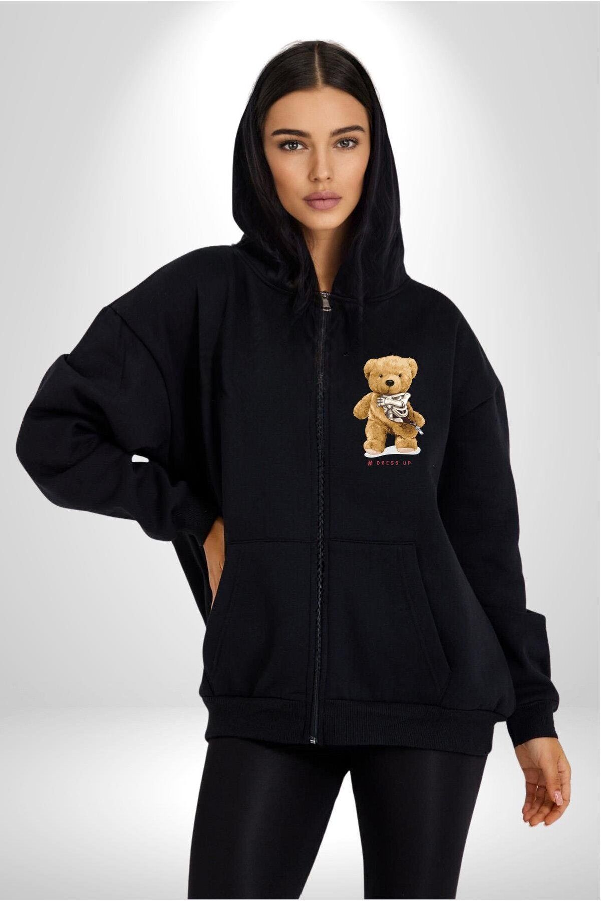 Soufeel İskelet Adam Oyuncak Tatlı Ayı Kadın Erkek Baskılı Fermuarlı Kapüşonlu Hırka Sweatshirt