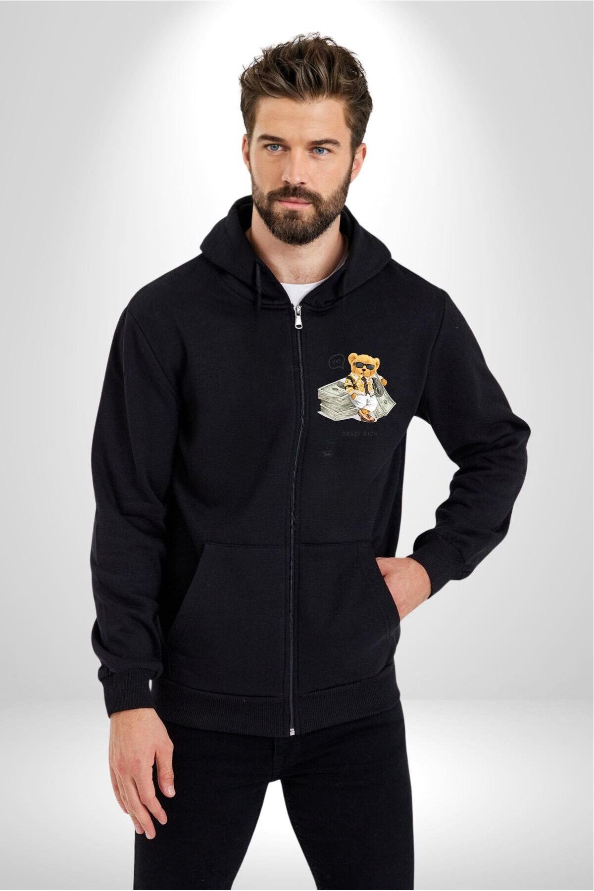 Soufeel Para Babası Tatlı Oyuncak Ayı Kadın Erkek Baskılı Fermuarlı Kapüşonlu Hırka Sweatshirt