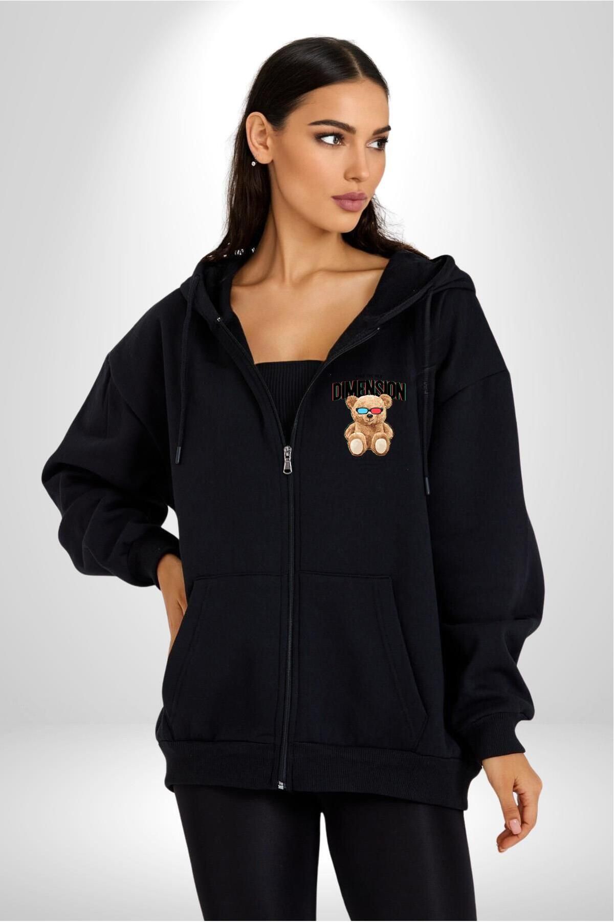 Soufeel Yeni Boyutu Bul Tatlı Oyuncak Ayı Kadın Erkek Baskılı Fermuarlı Kapüşonlu Hırka Sweatshirt