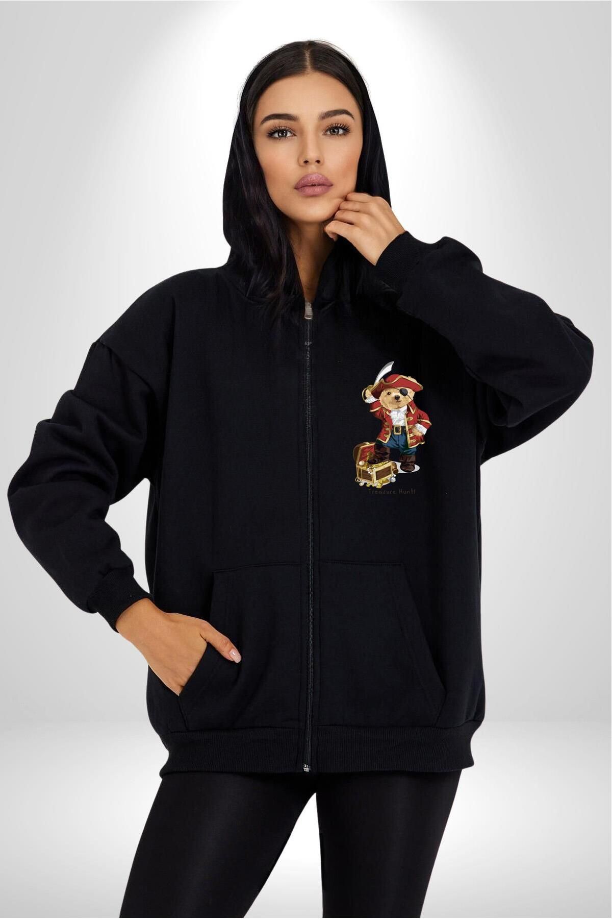 Soufeel Korsan Hazine Oyuncak Tatlı Ayı Kadın Erkek Baskılı Fermuarlı Kapüşonlu Hırka Sweatshirt