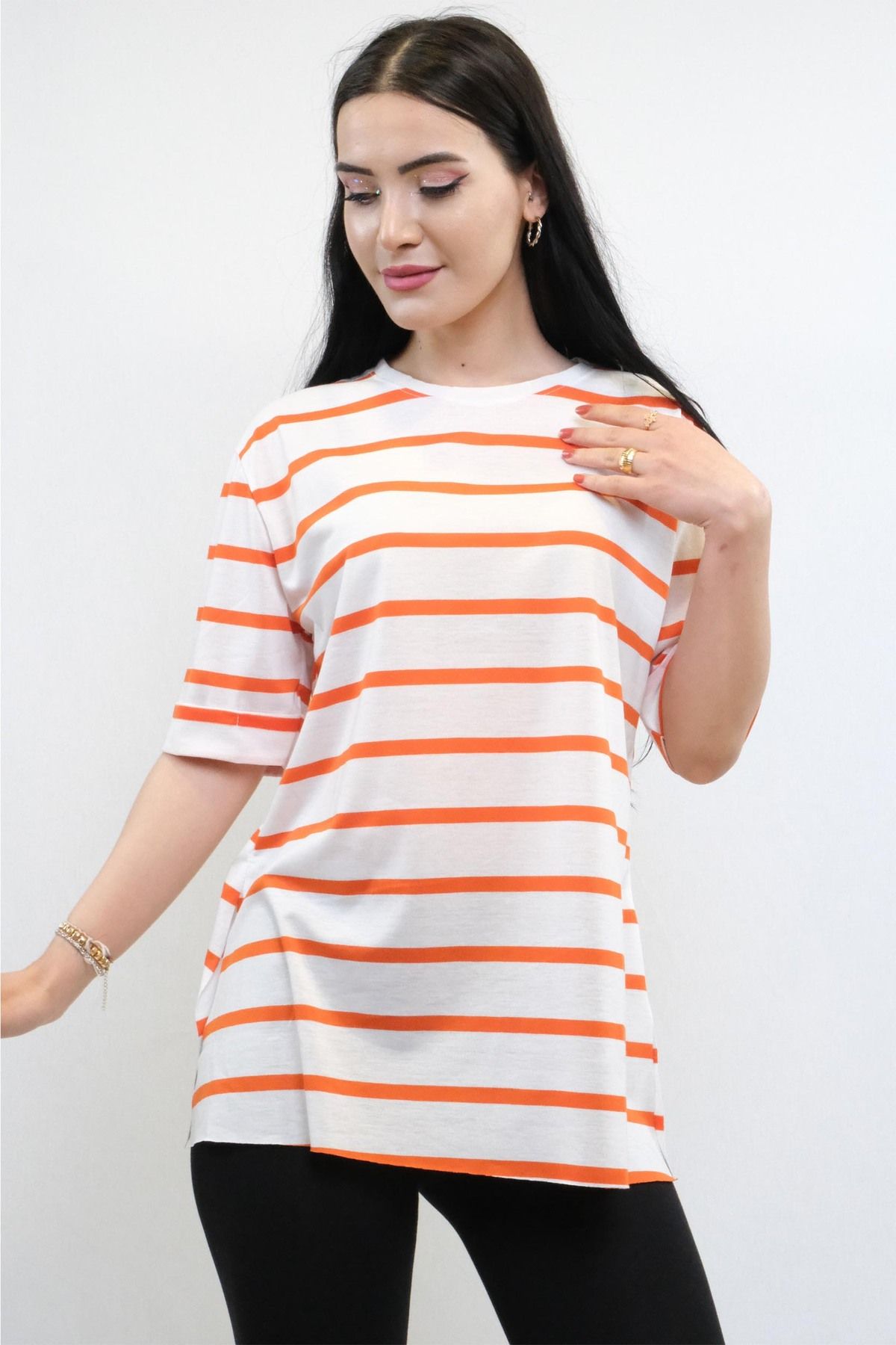 COXO Fashion`S Striped Combed Cotton Tshirt Orange