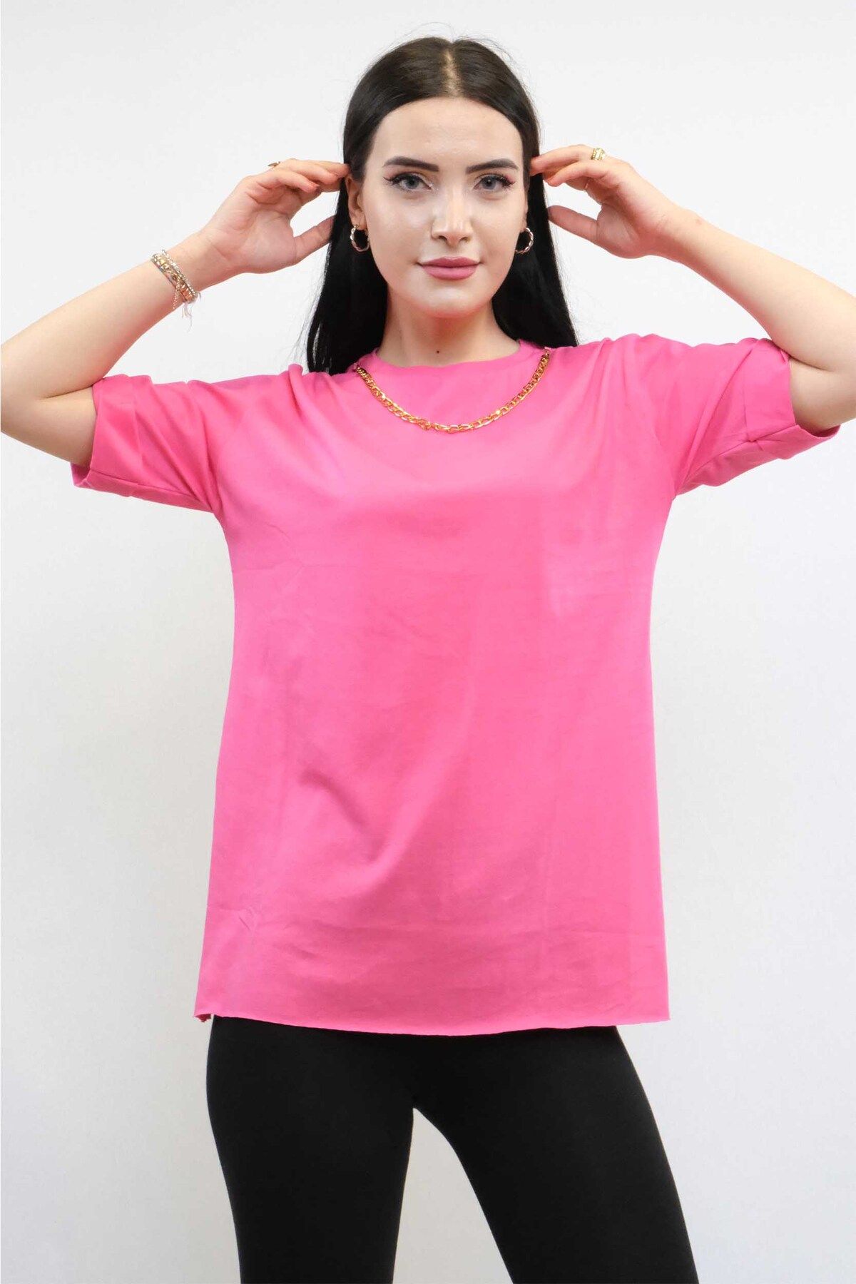 COXO Fashion`S Moda Çizgi Chain Accessory Tshirt Pink