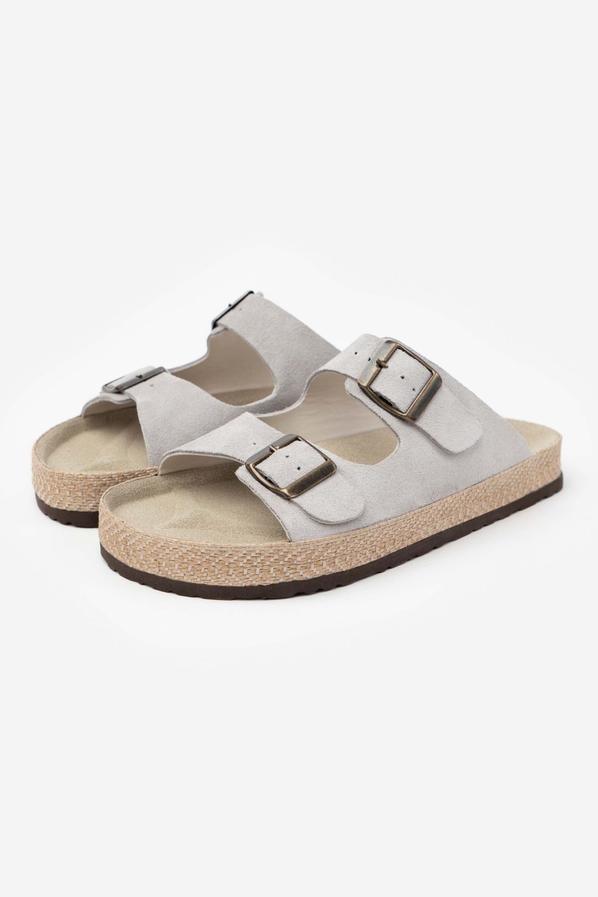 NİŞANTAŞI SHOES Sarrah Stone Szare Oryginalne Zamszowe Podwójne Klamry Szczegółowa Płaska Podeszwa Damskie Kapcie Kobieta - 38