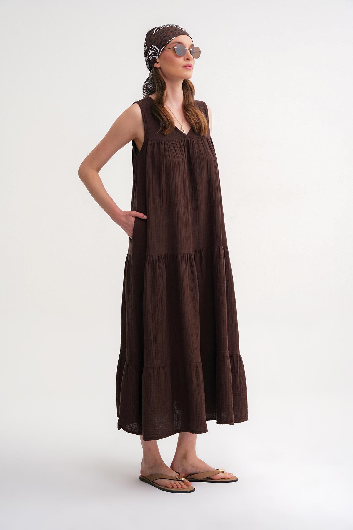 Mixray  4673 Kadın Büzgü Detaylı Müslin Elbise Kahve - Görsel 4