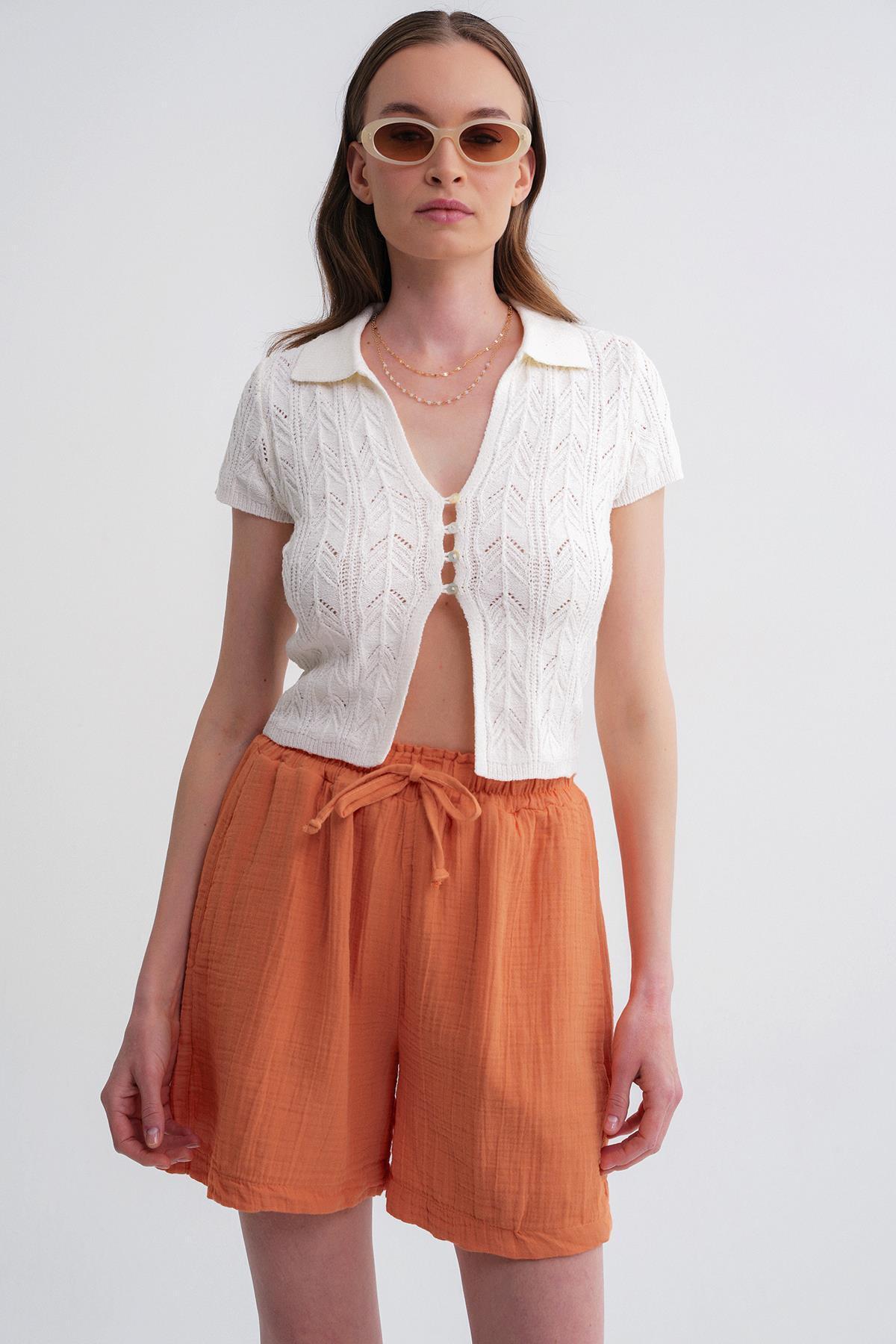 Mixray-Women's Elastic Waist Muslin Shorts - Orange 5