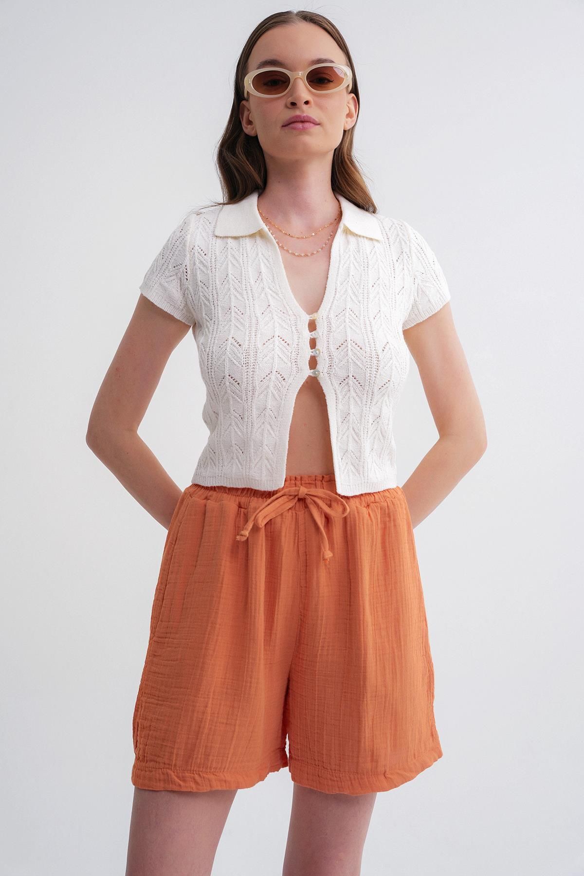 Mixray-Women's Elastic Waist Muslin Shorts - Orange 4