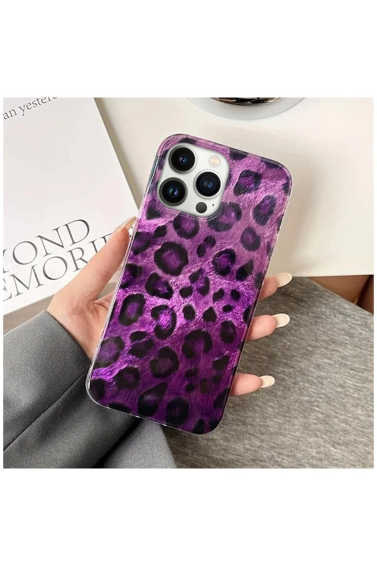 Pro Aksesuar Apple iPhone 15 Pro Uyumlu Kılıf Lüx Leopar Desenli Silikon Kılıf Mor