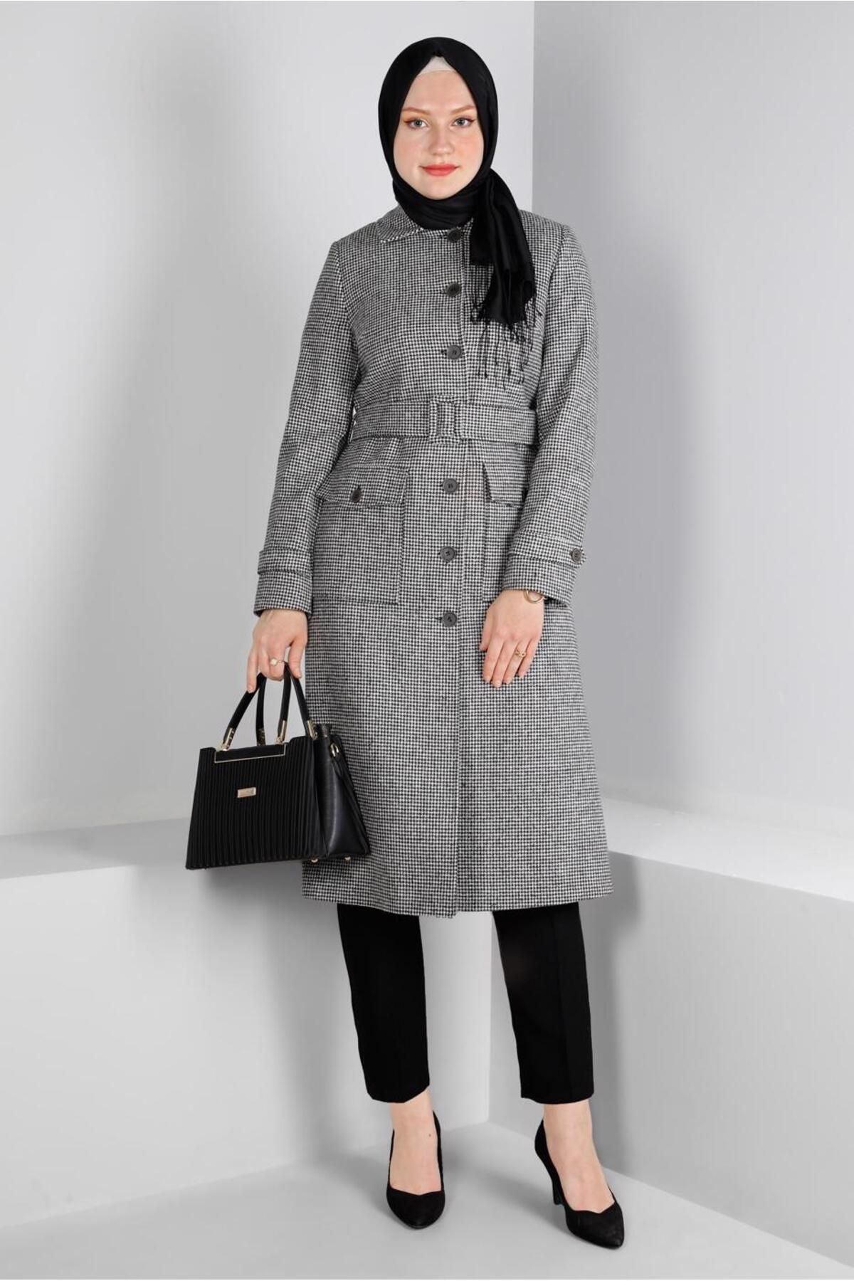 مانتو دکمه دار کمربند طرح دار Gingham 90338 Alvina