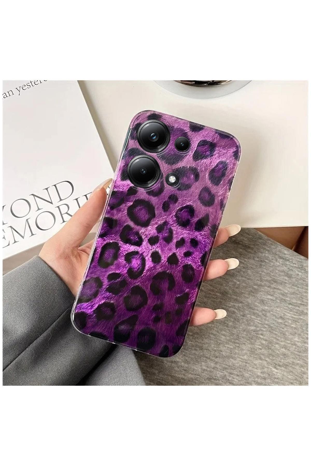 Pro Aksesuar Xiaomi Redmi Note 13 Pro 4G Uyumlu Kılıf Lüx Leopar Desenli Silikon Kılıf Mor