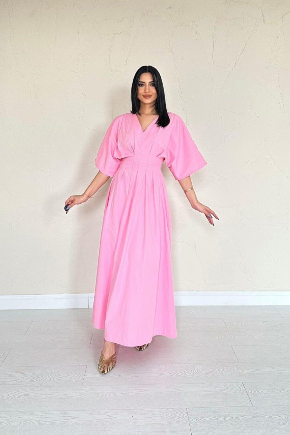 velmorafashion Pembe Pileli Uzun Elbise