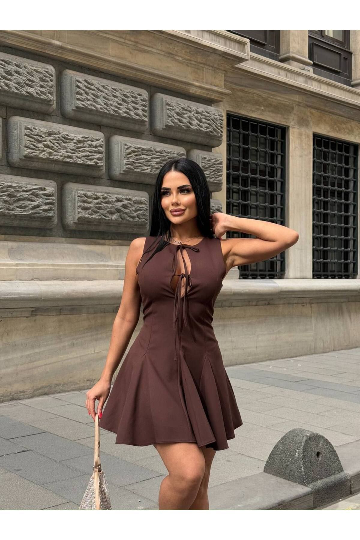 Friday Mood-Women's Flounce Mini Dress with Tie-Up Detail on the Front 4