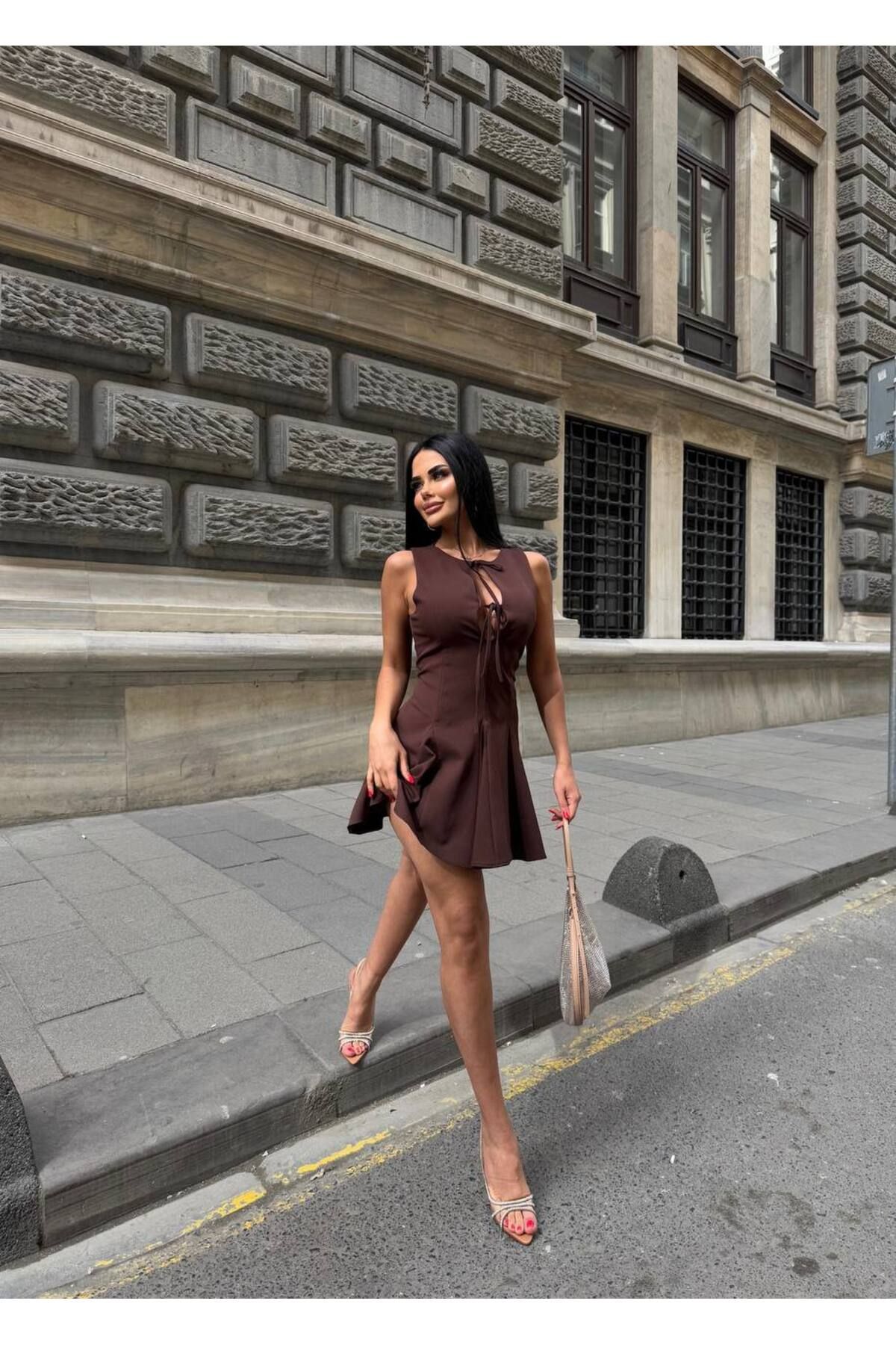 Friday Mood-Women's Flounce Mini Dress with Tie-Up Detail on the Front 2