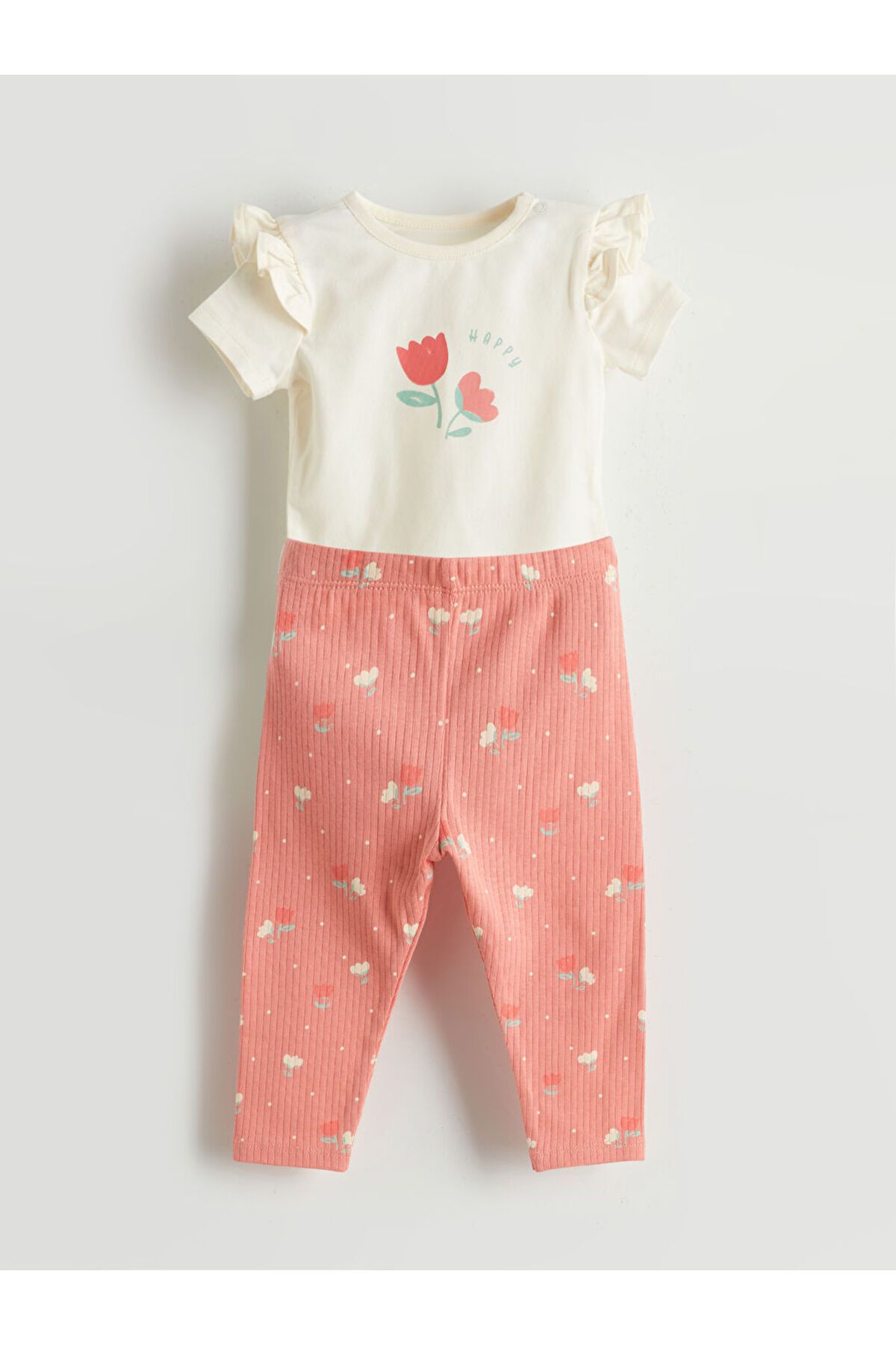 LC Waikiki Yeni Sezon Organik Kumas Cicekli Kiz Bebek Citcitli Body ve Tayt 2'li - S5HL48Z1