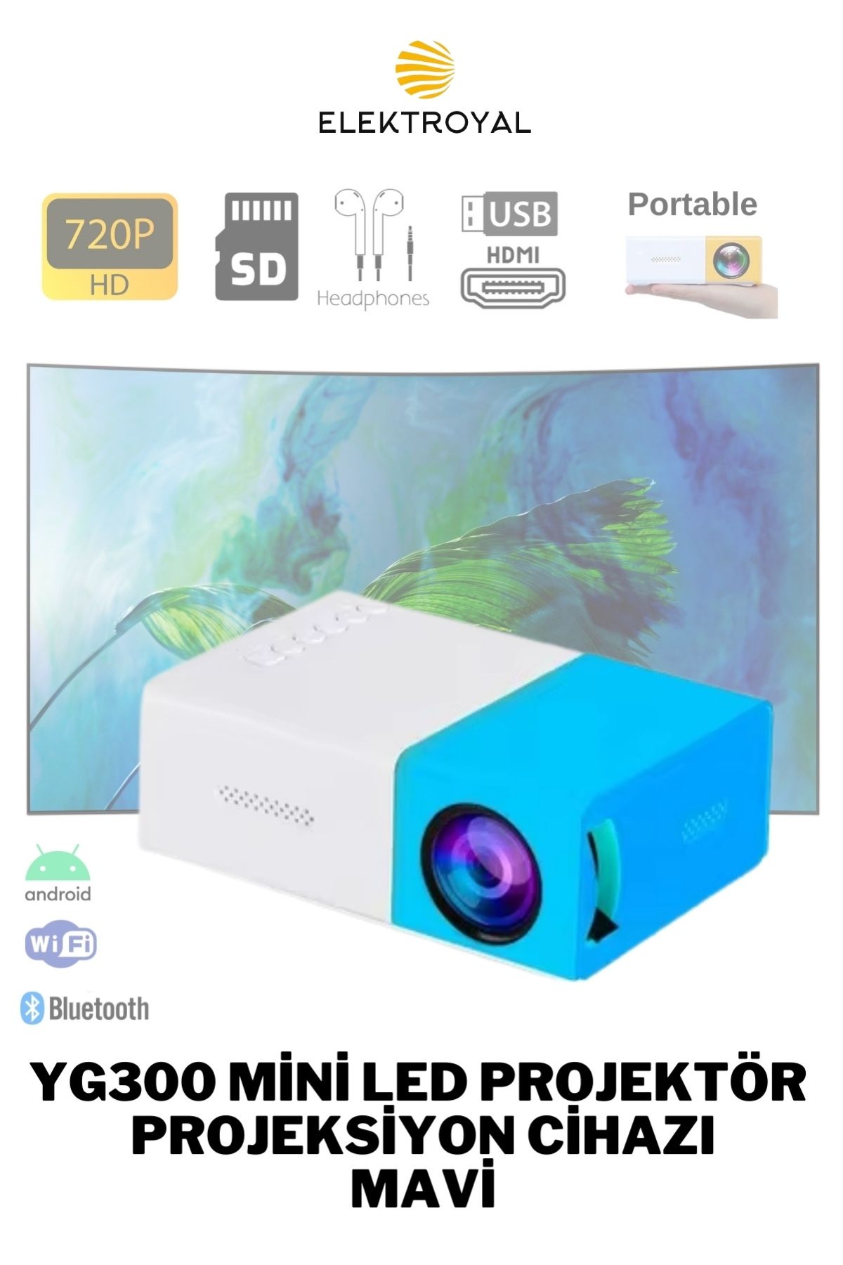 YG300 Mini 720P Android Wireless Bluetooth Destekli Portatif Projeksiyon Cihazı Mavi