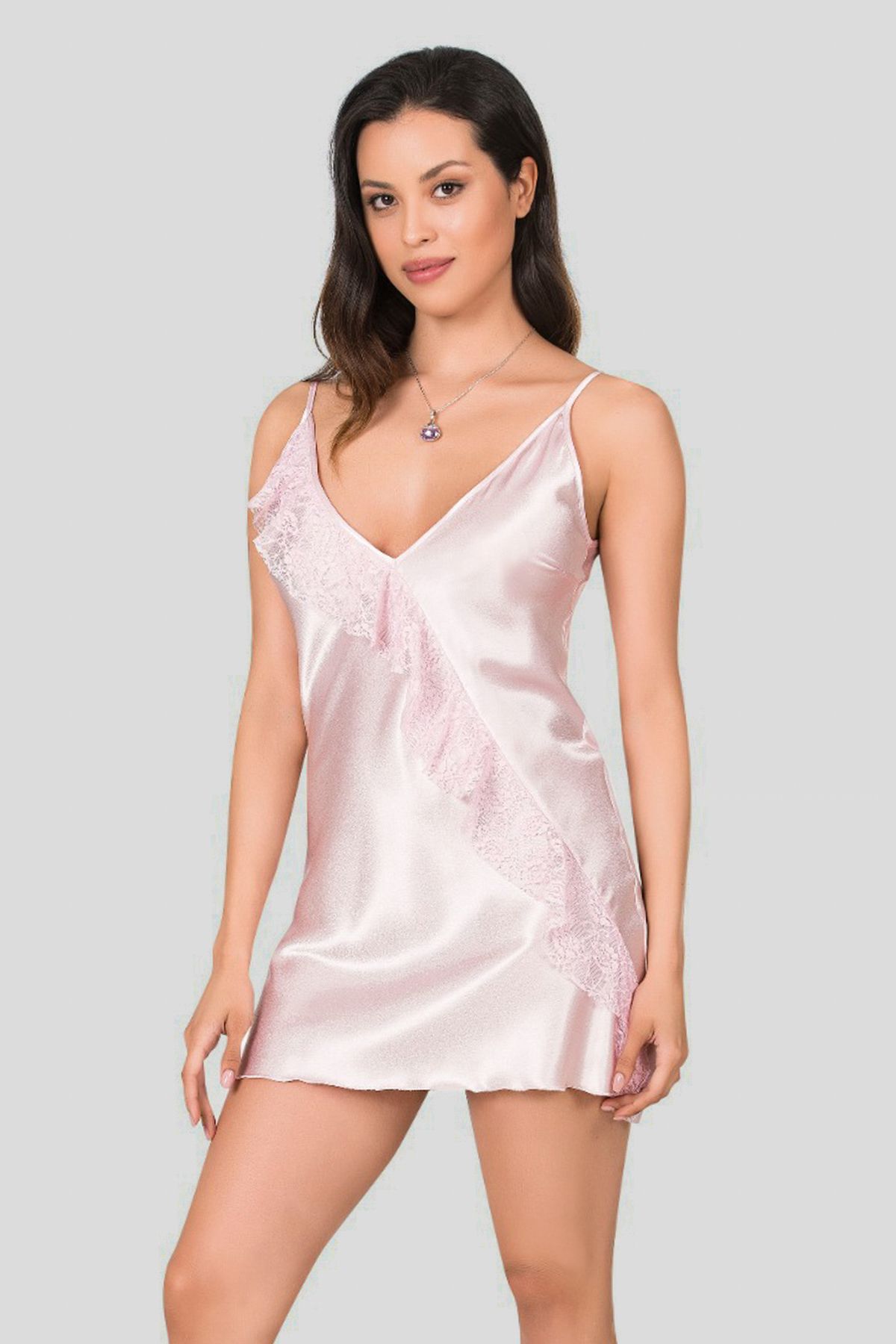 Trendyol Collection Rosa Spitze Detailliertes Seilband Satin Gewebtes Nachthemd für Damen - 42