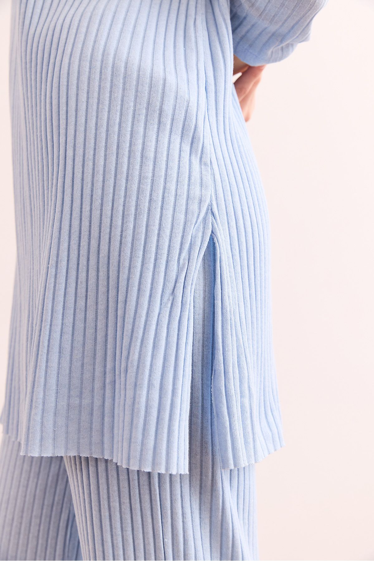 Olalook-Babyblaues Oberteil mit Schlitz, Bluse und Unterteil für Damen, Palazzo-Kostüm mit Kordelzug, TKM-19000180 5