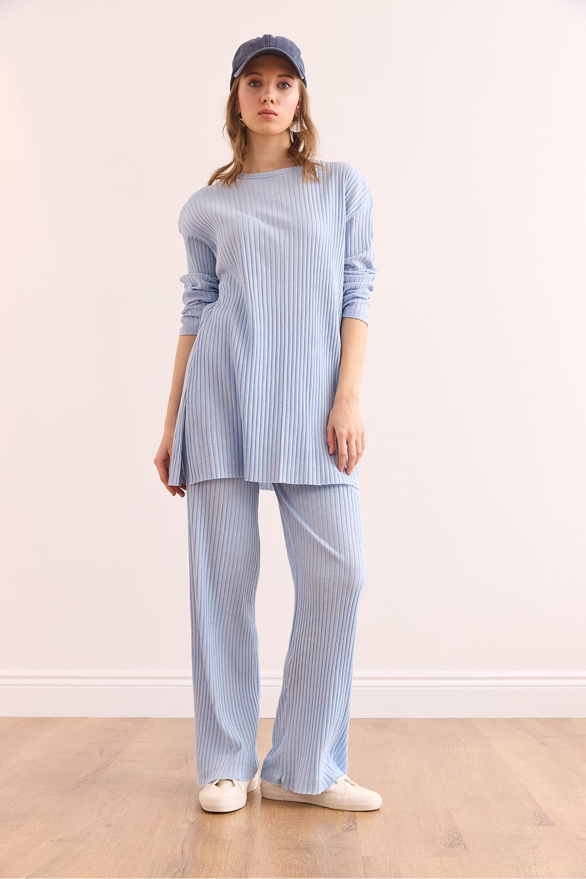 Olalook-Babyblaues Oberteil mit Schlitz, Bluse und Unterteil für Damen, Palazzo-Kostüm mit Kordelzug, TKM-19000180 2