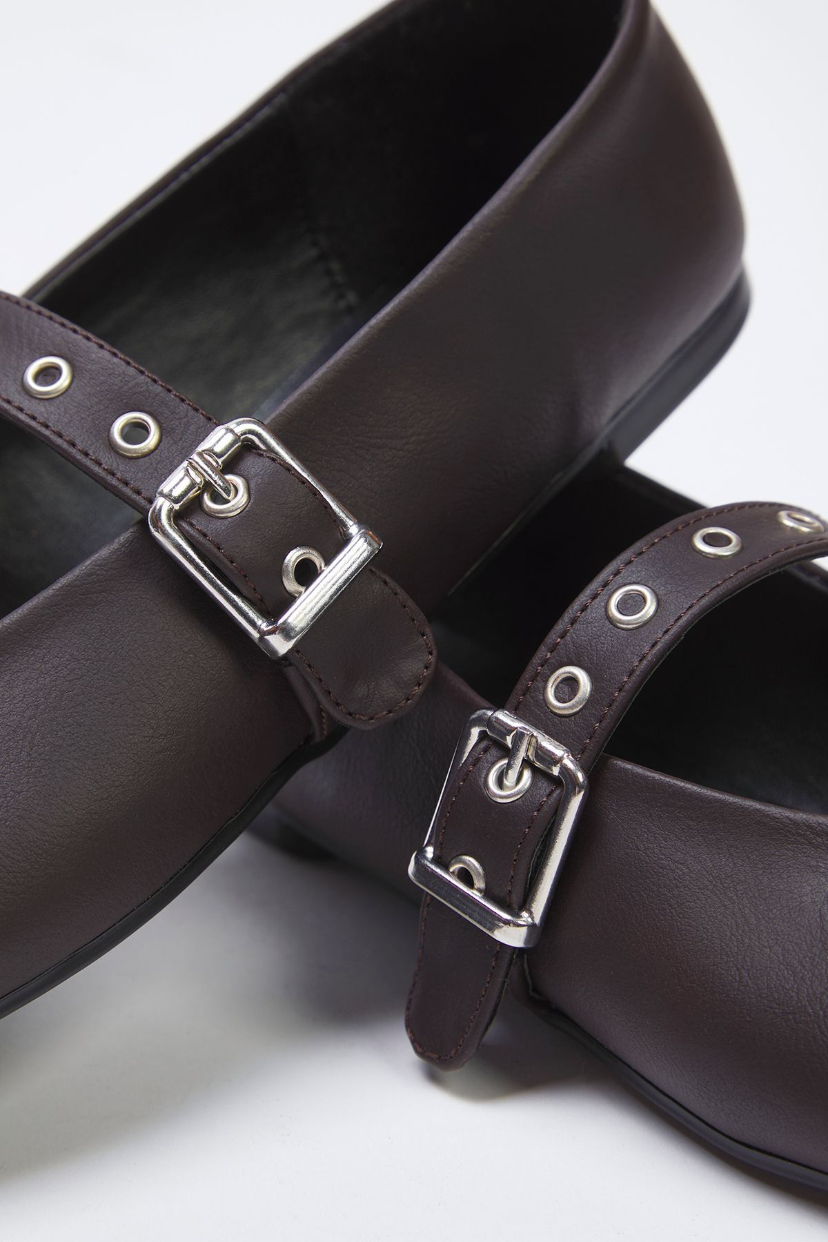 TRENDYOL SHOES-Dark Brown Eyelet Belt Almond Toe Mary Jane Women's Ballerinas Takss25Be00044 6