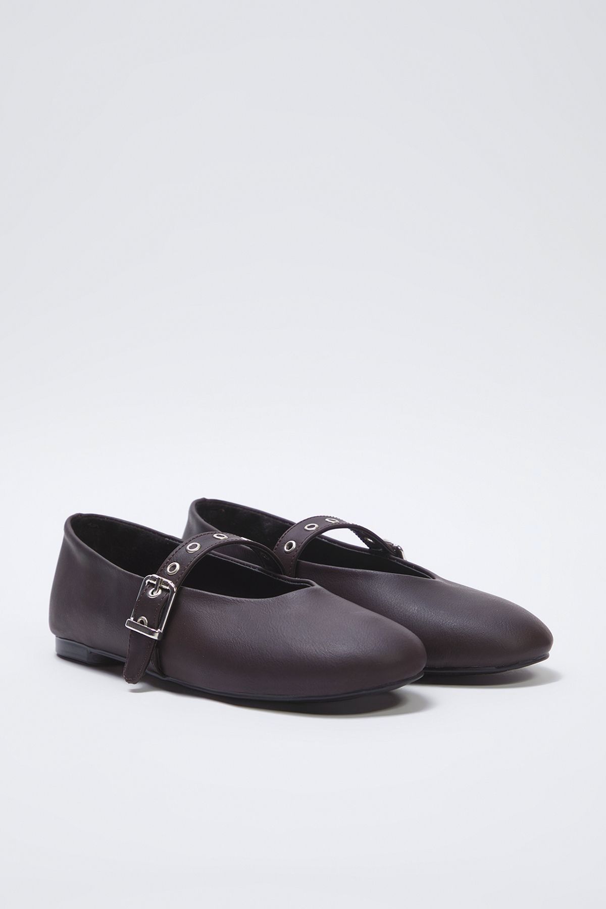 TRENDYOL SHOES-Dark Brown Eyelet Belt Almond Toe Mary Jane Women's Ballerinas Takss25Be00044 3